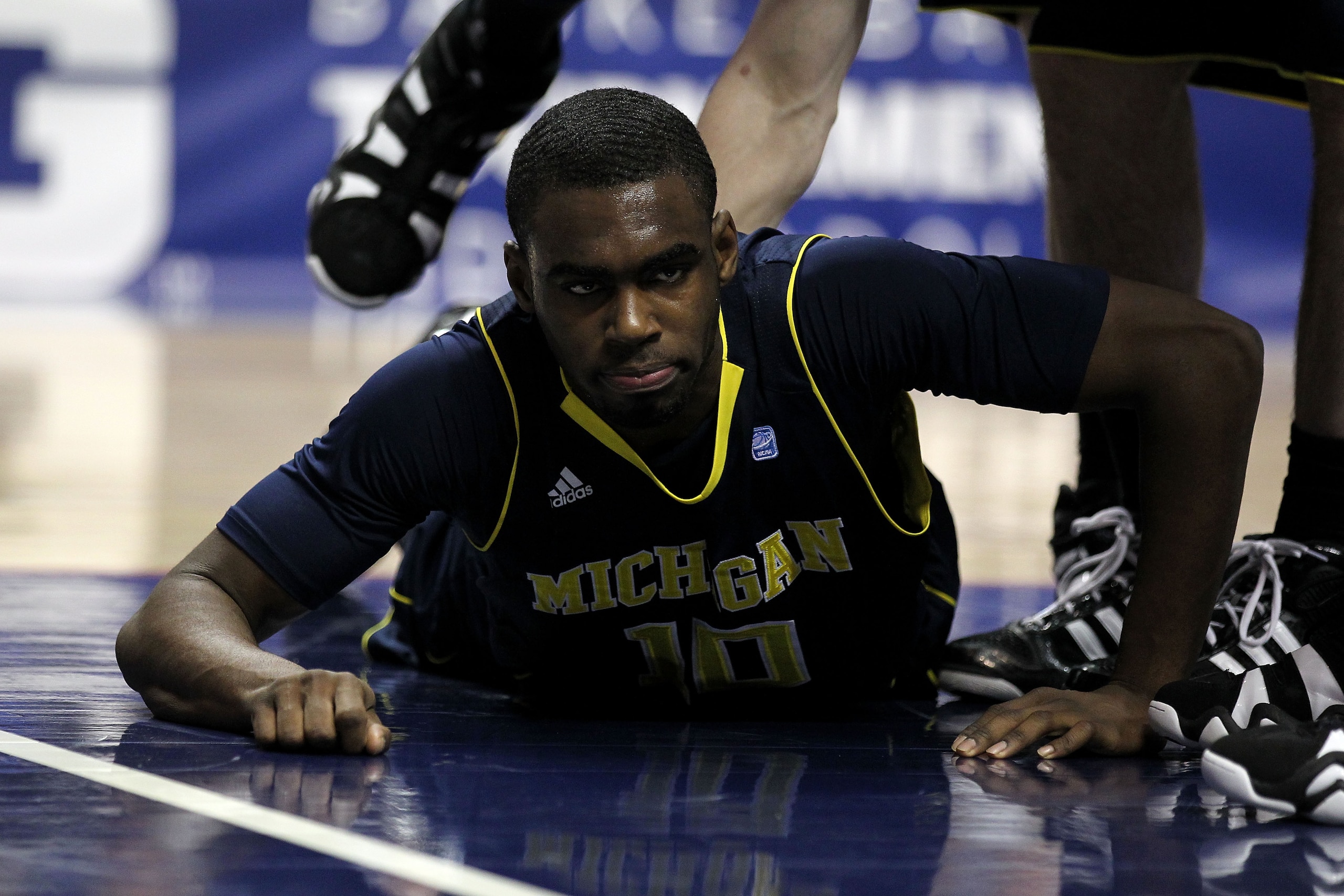 INDIANAPOLIS, IN - MARCH 12:  Tim Hardaway Jr. #10 of the Michigan Wolverines looks on after he fell to the court against Ohio State Buckeyes during the semifinals of the 2011 Big Ten Men's Basketball Tournament at Conseco Fieldhouse on March 12, 2011 in
