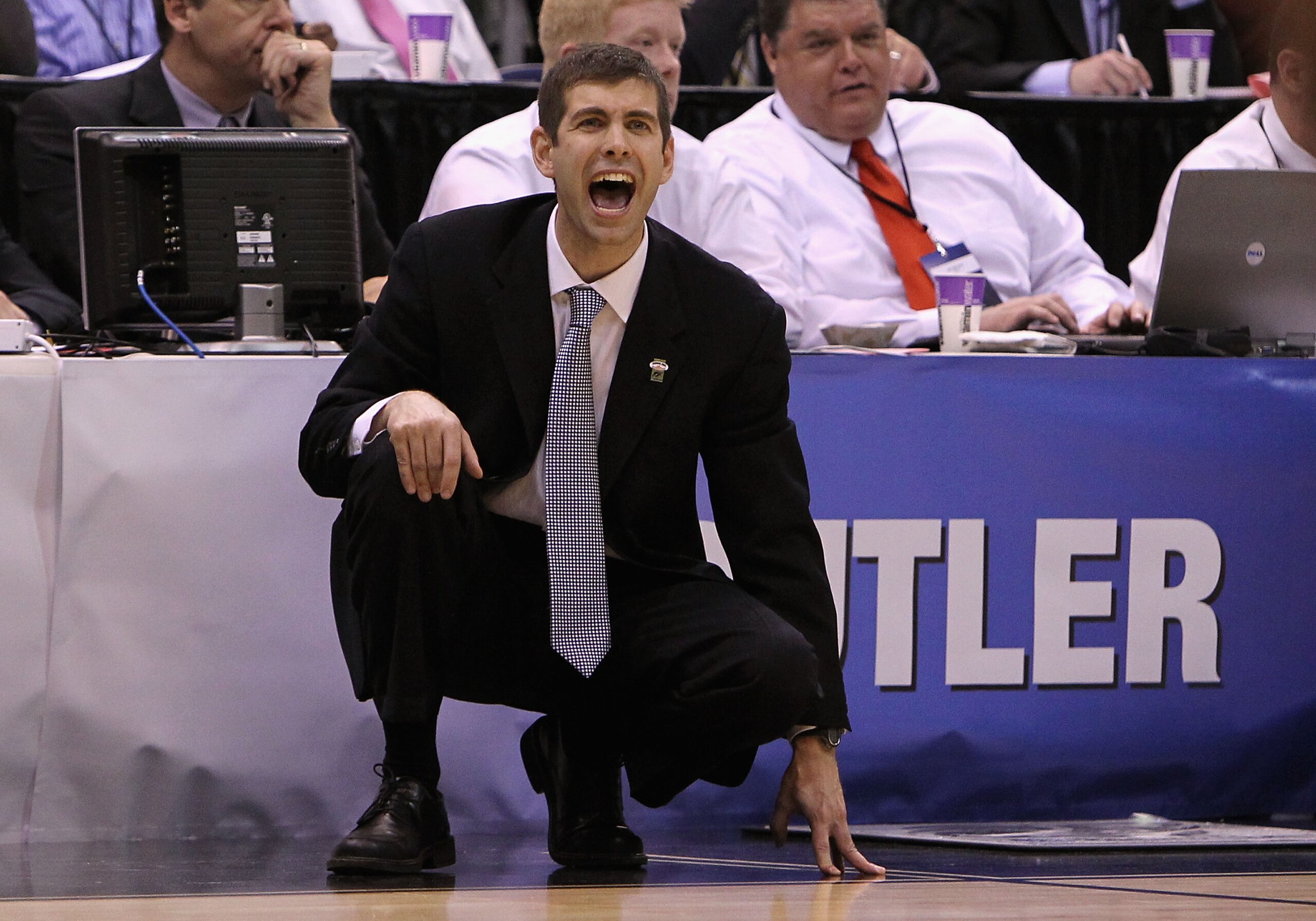 SALT LAKE CITY - MARCH 27:  Head coach Brad Stevens of the Butler Bulldogs reacts during the west regional final against the Kansas State Wildcats of the 2010 NCAA men's basketball tournament at the Energy Solutions Arena on March 27, 2010 in Salt Lake Ci