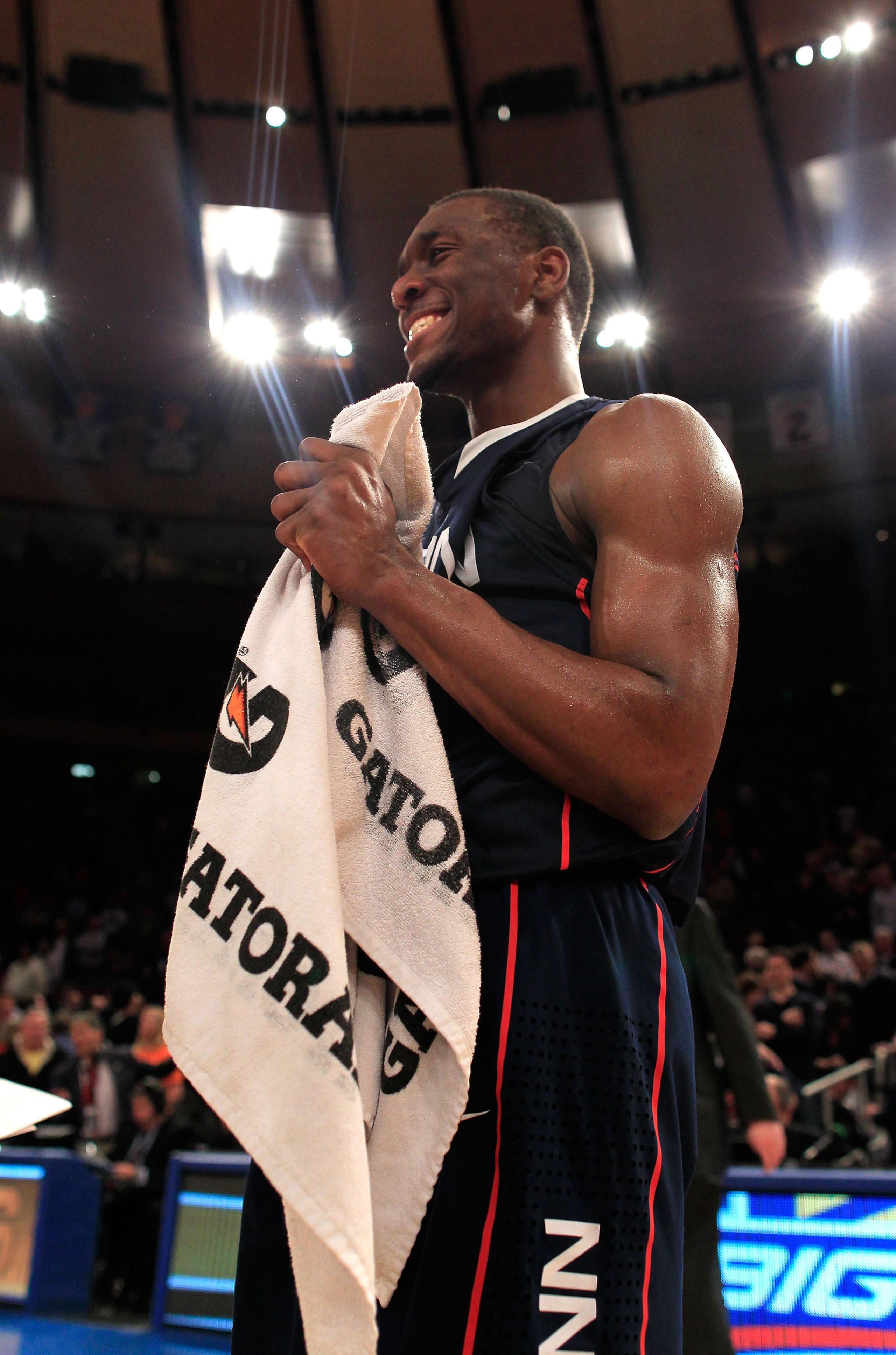 NEW YORK, NY - MARCH 11:  Kemba Walker #15 of the Connecticut Huskies smiles on the court after defeating the Syracuse Orange during the semifinals of the 2011 Big East Men's Basketball Tournament presented by American Eagle Outfitters at Madison Square G