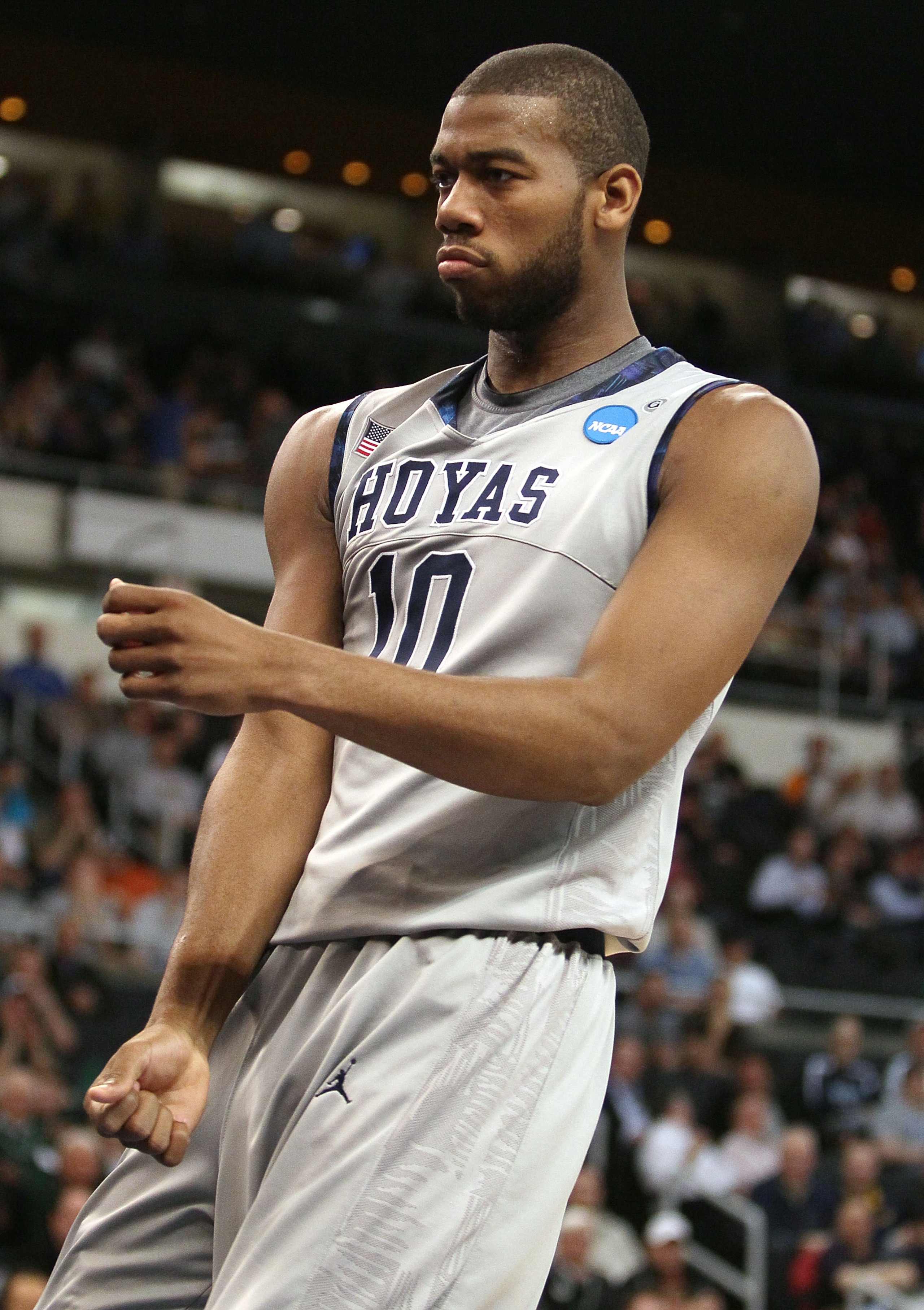 PROVIDENCE, RI - MARCH 18:  Greg Monroe #10 of the Georgetown Hoyas celebrates his basket in the first half against the Ohio Bobcats during the first round of the 2010 NCAA men's basketball tournament on March 18, 2010 at the Dunkin Donuts Arena in Provid