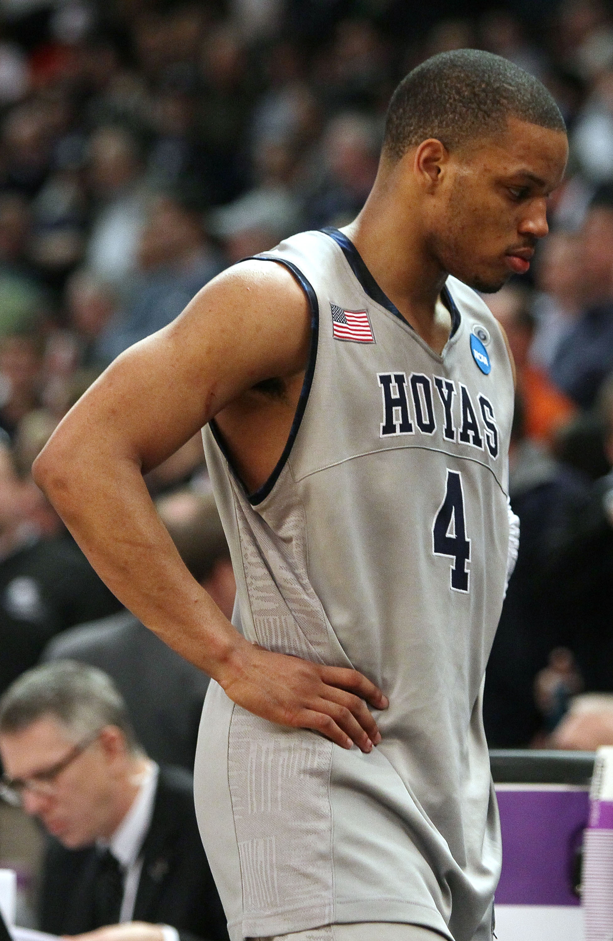 PROVIDENCE, RI - MARCH 18: Chris Wright #4 of the Georgetown Hoyas walks off the court after the loss to the Ohio Bobcats during the first round of the 2010 NCAA men's basketball tournament on March 18, 2010 at the Dunkin Donuts Arena in Providence, Rhod