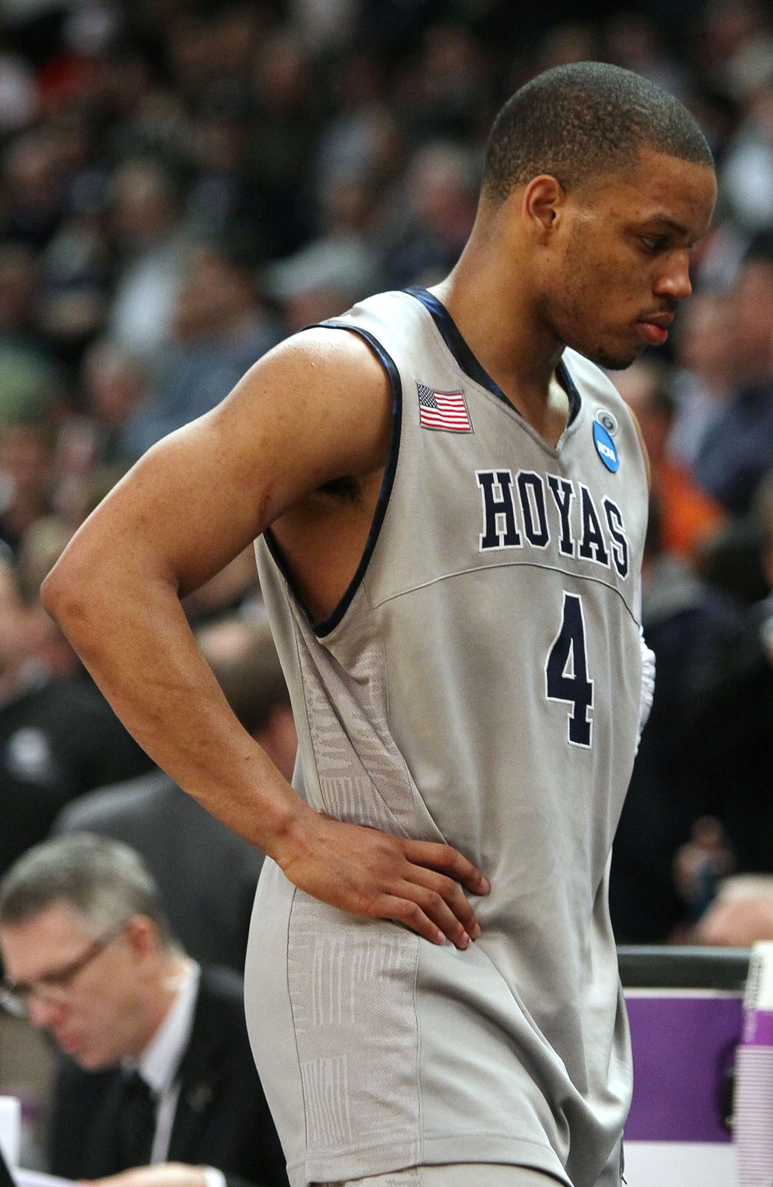 PROVIDENCE, RI - MARCH 18:  Chris Wright #4 of the Georgetown Hoyas walks off the court after the loss to the Ohio Bobcats during the first round of the 2010 NCAA men's basketball tournament on March 18, 2010 at the Dunkin Donuts Arena in Providence, Rhod