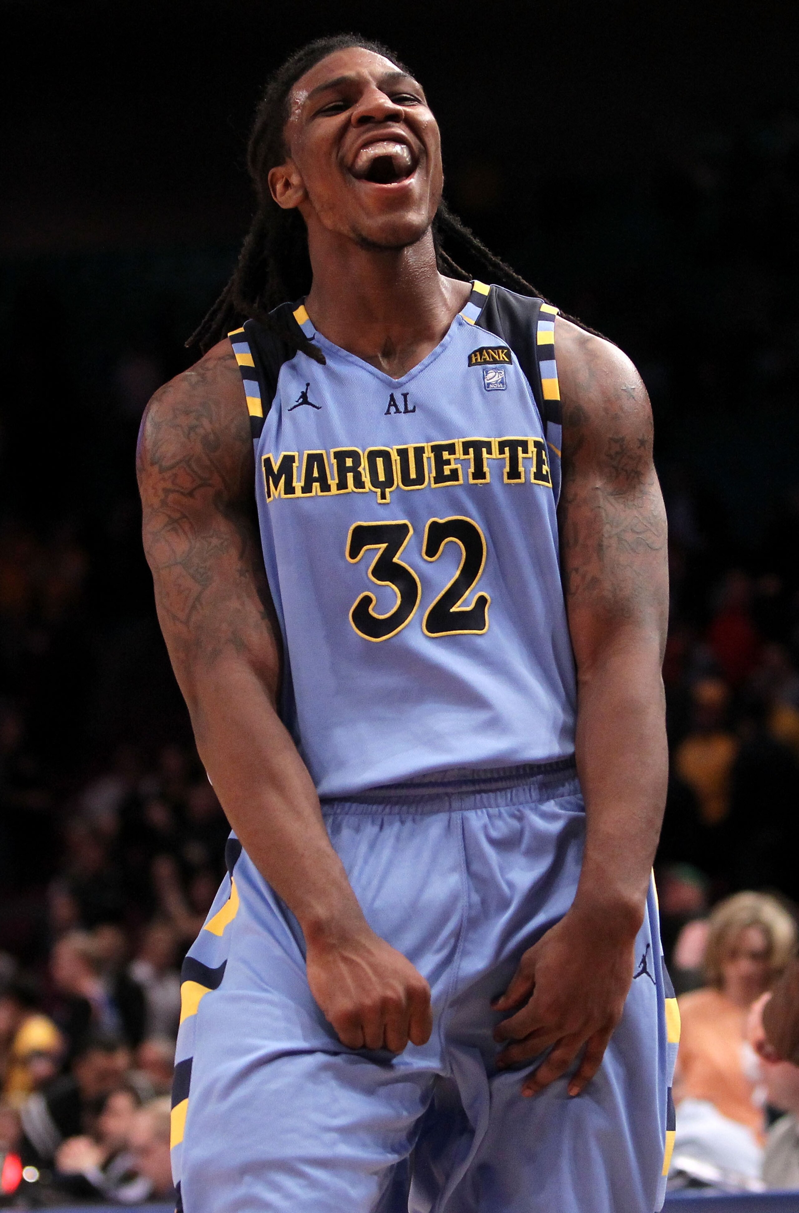 NEW YORK, NY - MARCH 09: Jae Crowder #32 of the Marquette Golden Eagles celebrates after defeating the West Virginia Mountaineers during the second round of the 2011 Big East Men's Basketball Tournament presented by American Eagle Outfitters at Madison S NEW YORK, NY - MARCH 09: Jae Crowder #32 of the Marquette Golden Eagles celebrates after defeating the West Virginia Mountaineers during the second round of the 2011 Big East Men's Basketball Tournament presented by American Eagle Outfitters at Madison S