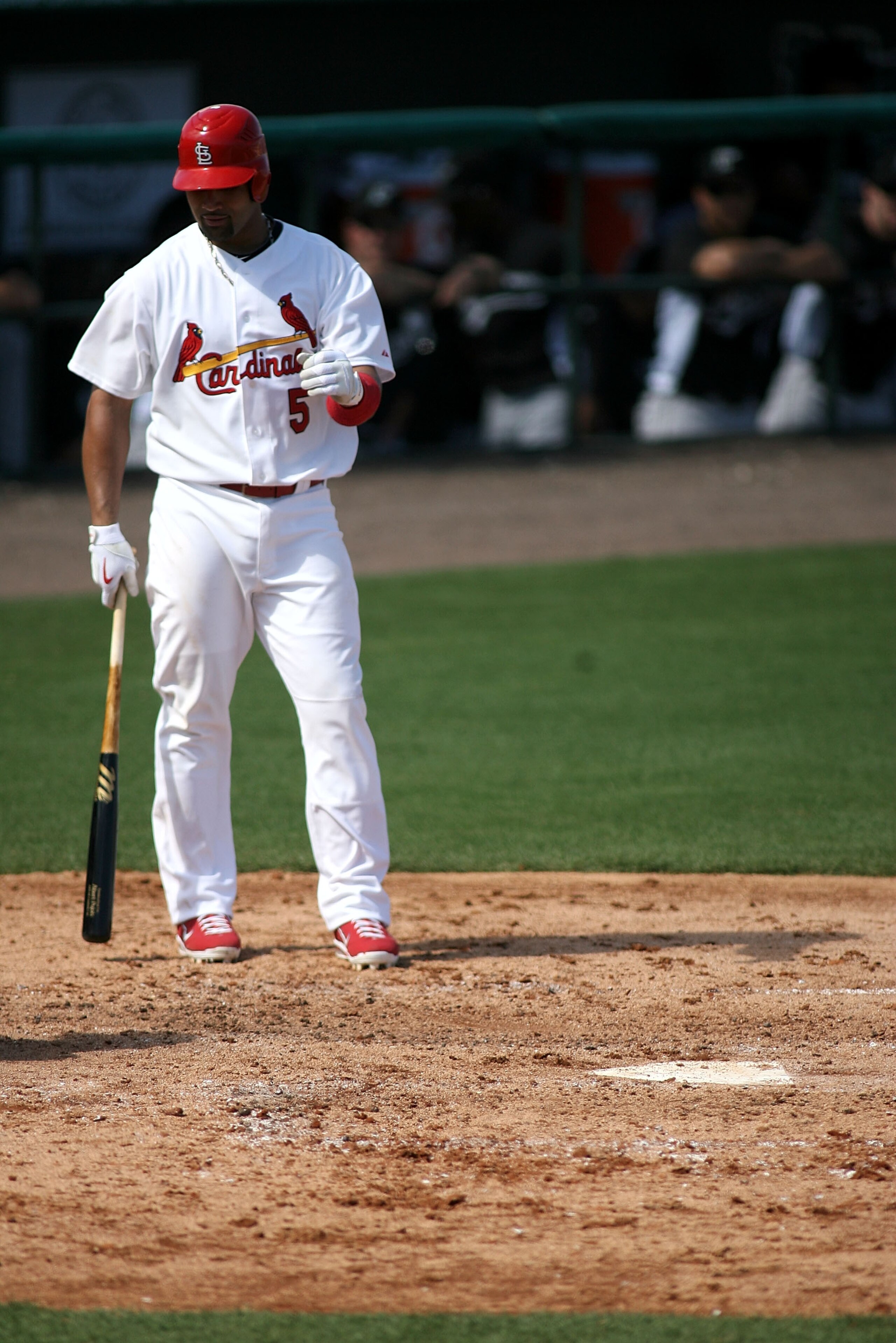 JUPITER, FL - FEBRUARY 28:  Albert Pujols #5 of the St. Louis Cardinals bats against the Florida Marlins at Roger Dean Stadium on February 28, 2011 in Jupiter, Florida.  (Photo by Marc Serota/Getty Images)