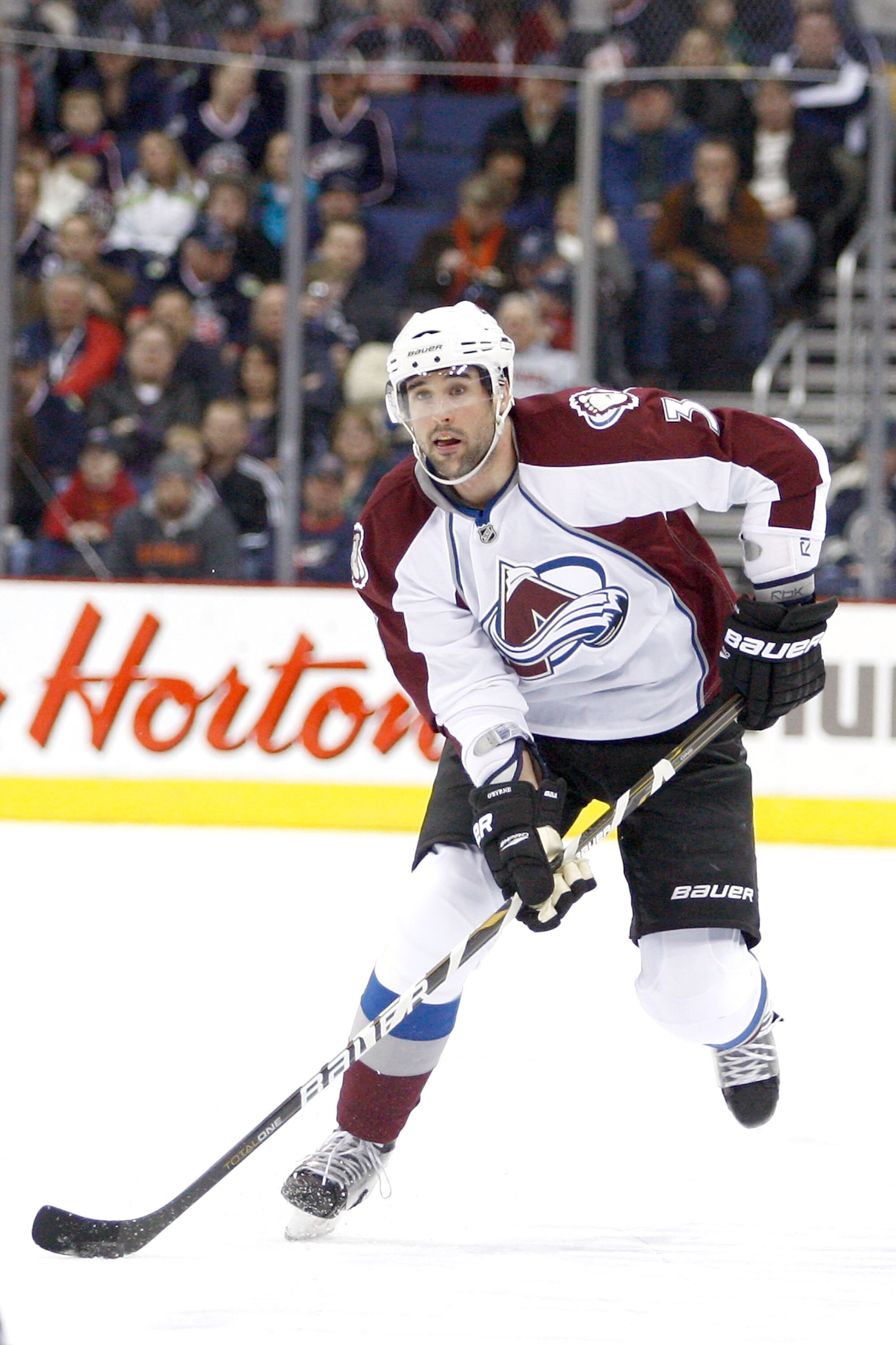 COLUMBUS, OH - FEBRUARY 11:  Ryan O'Byrne #3 of the Colorado Avalanche skates with the puck during a game against the Columbus Blue Jackets on February 11, 2011 at Nationwide Arena in Columbus, Ohio. (Photo by John Grieshop/Getty Images)