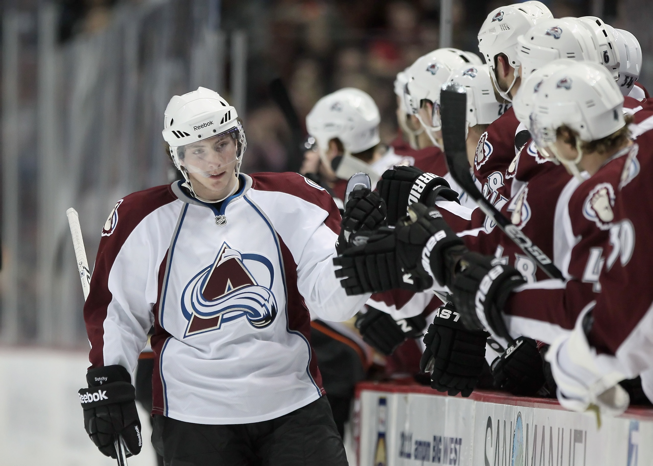 ANAHEIM, CA - FEBRUARY 27:  Matt Duchene #9 of the Colorado Avalanche receives high fives from the bench against the Anaheim Ducks at Honda Center on February 27, 2011 in Anaheim, California.  (Photo by Jeff Gross/Getty Images)