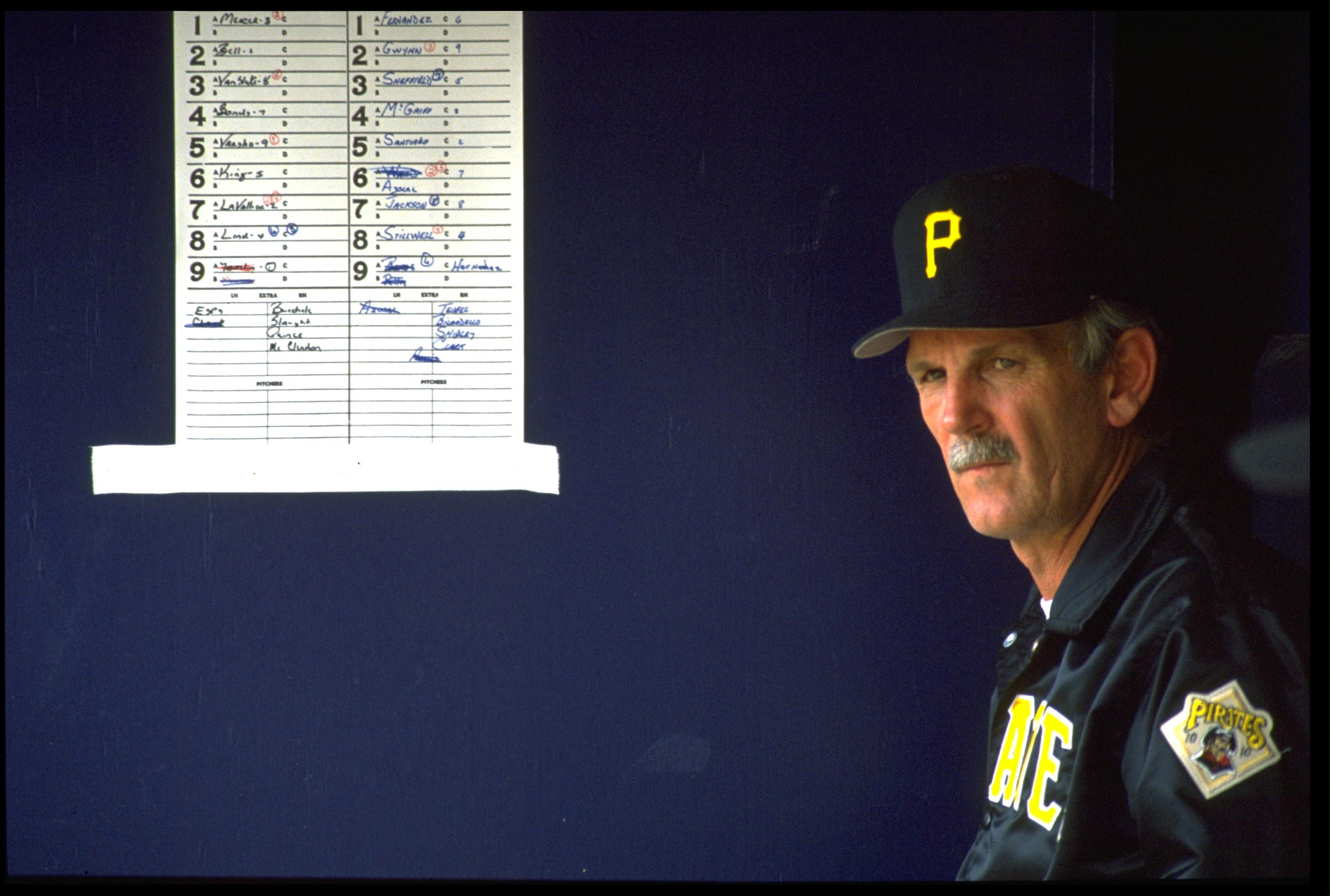 27 MAY 1992:  JIM LEYLAND, MANAGER OF THE PITTSBURGH PIRATES, CHECKS THE LINEUP CARD DURING THEIR GAME AGAINST THE SAN DIEGO PADRES AT JACK MURPHY STADIUM IN SAN DIEGO, CALIFORNIA.  MANDATORY CREDIT: STEPHEN DUNN/ALLSPORT