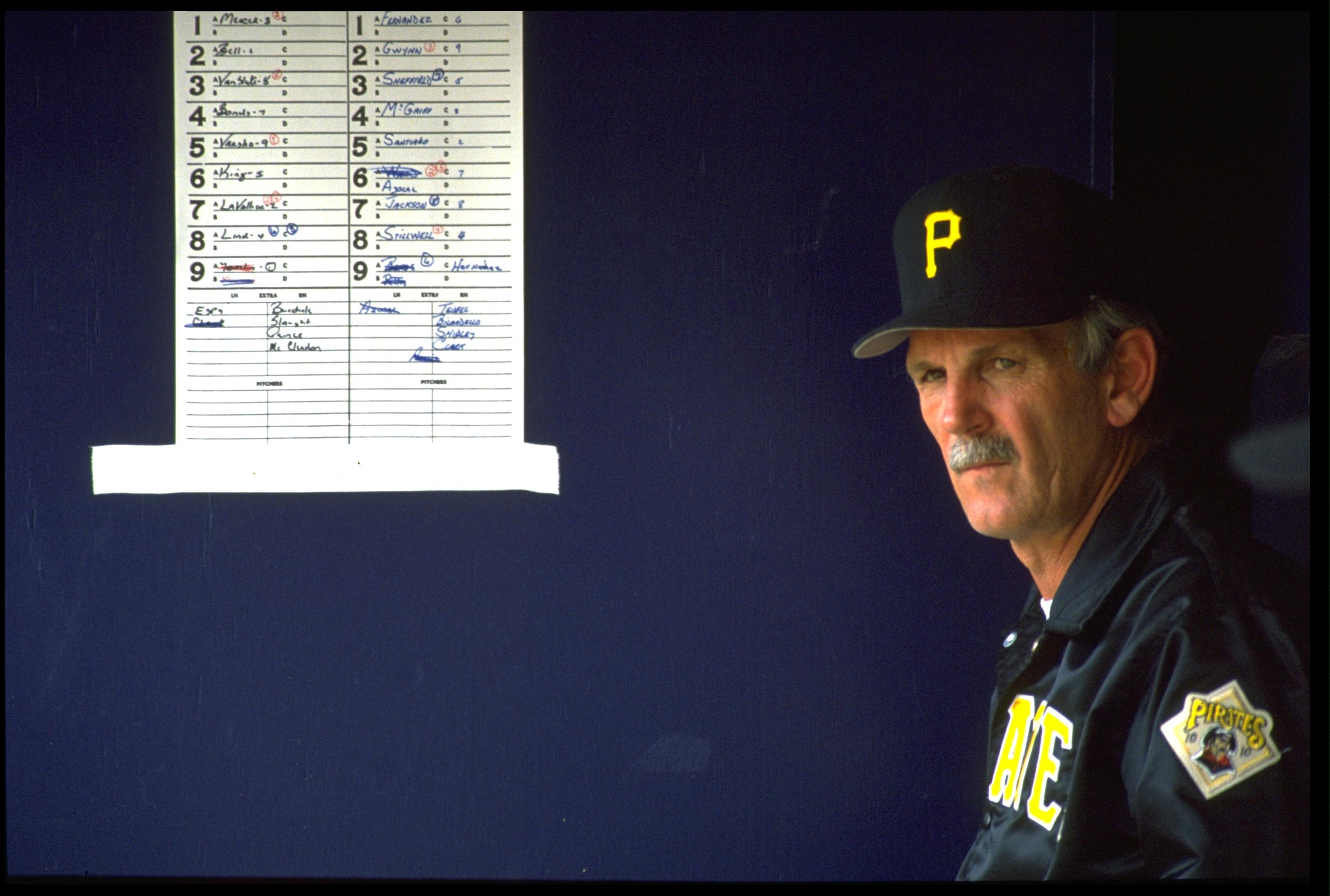 27 MAY 1992:  JIM LEYLAND, MANAGER OF THE PITTSBURGH PIRATES, CHECKS THE LINEUP CARD DURING THEIR GAME AGAINST THE SAN DIEGO PADRES AT JACK MURPHY STADIUM IN SAN DIEGO, CALIFORNIA.  MANDATORY CREDIT: STEPHEN DUNN/ALLSPORT