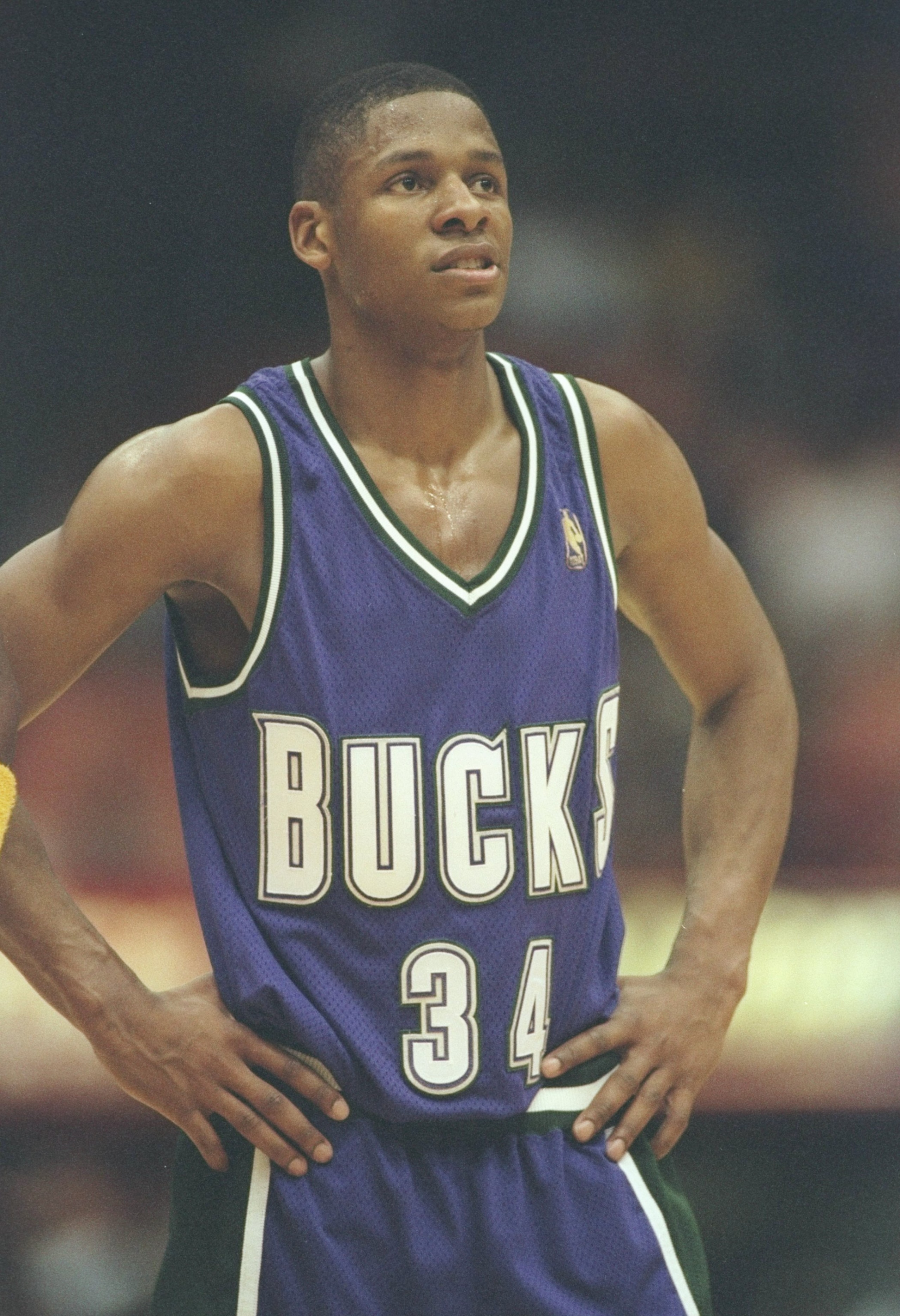 26 Mar 1997:  Guard Ray Allen of the Milwaukee Bucks stands on the court during a game against the Los Angeles Lakers at the Great Western Forum in Inglewood, California.  The Lakers won the game 106-84. Mandatory Credit: Elsa Hasch  /Allsport