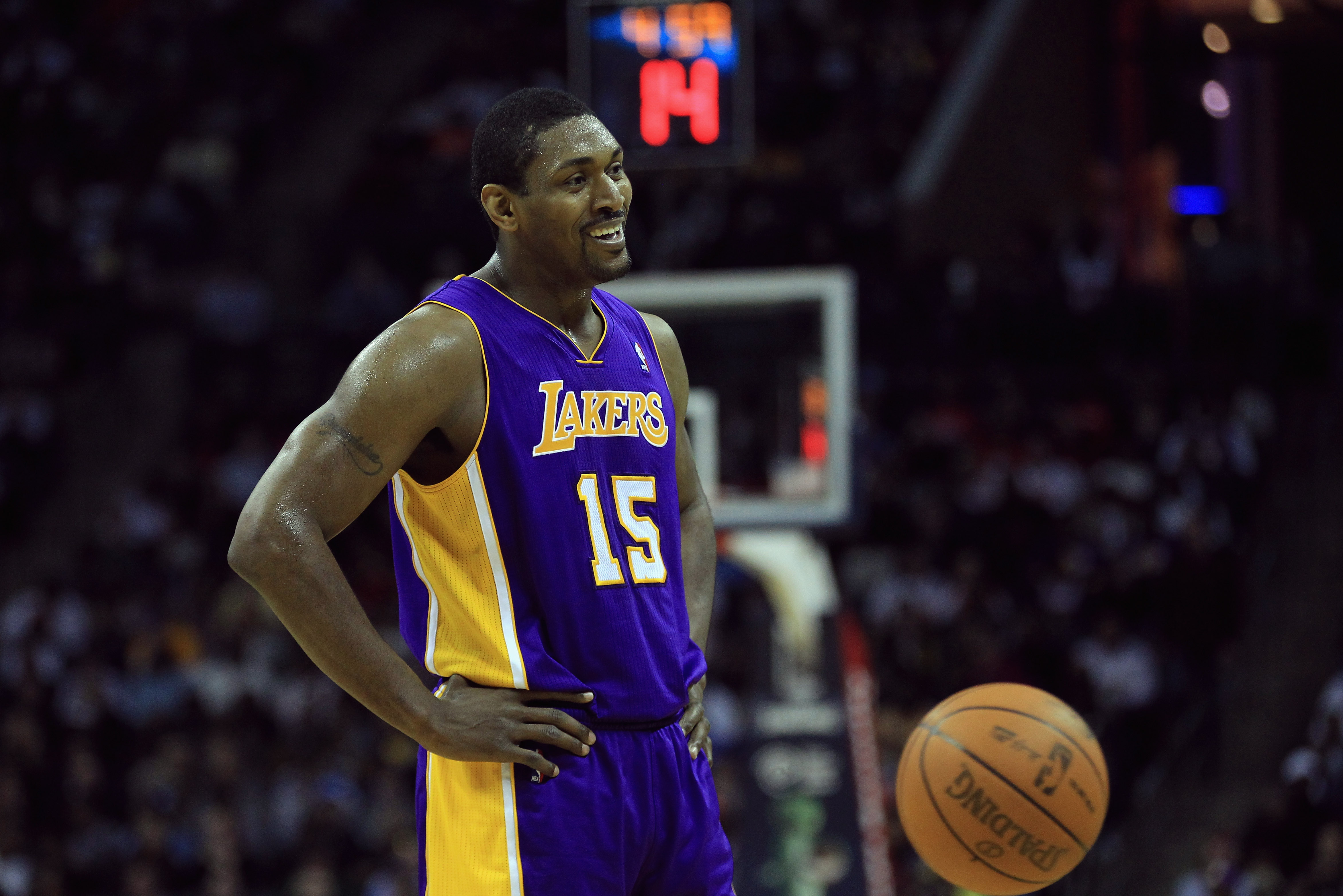 CHARLOTTE, NC - FEBRUARY 14:  Ron Artest #15 of the Los Angeles Lakers against the Charlotte Bobcats during their game at Time Warner Cable Arena on February 14, 2011 in Charlotte, North Carolina. NOTE TO USER: User expressly acknowledges and agrees that,