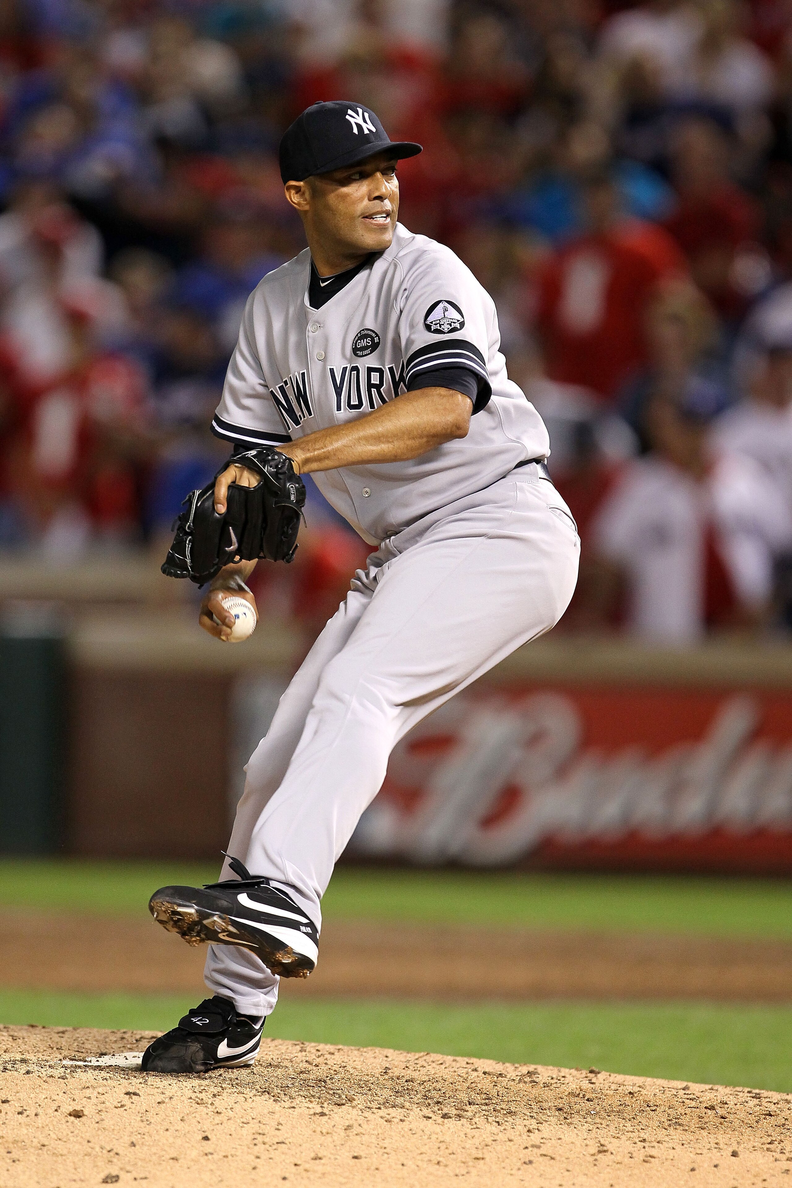 ARLINGTON, TX - OCTOBER 22:  Mariano Rivera #42 of the New York Yankees throws a pitch against the Texas Rangers in Game Six of the ALCS during the 2010 MLB Playoffs at Rangers Ballpark in Arlington on October 22, 2010 in Arlington, Texas. The Rangers won