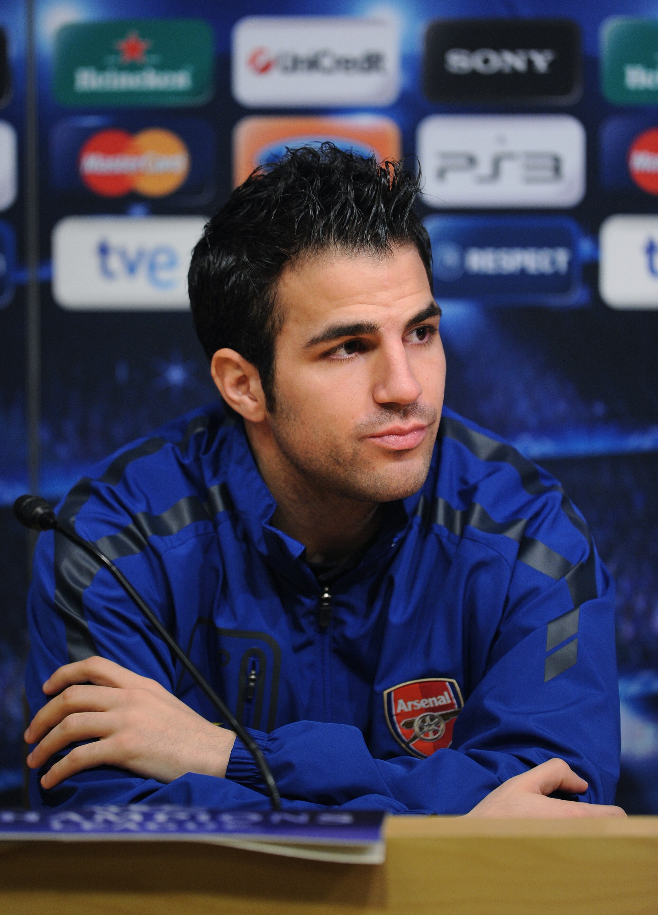 BARCELONA, SPAIN - MARCH 07:  Cesc Fabregas of Arsenal looks on during a press conference ahead of their UEFA Champions League round of 16 second leg match against Barcelona at the Camp Nou stadium on March 7, 2011 in Barcelona, Spain.  (Photo by Jasper J