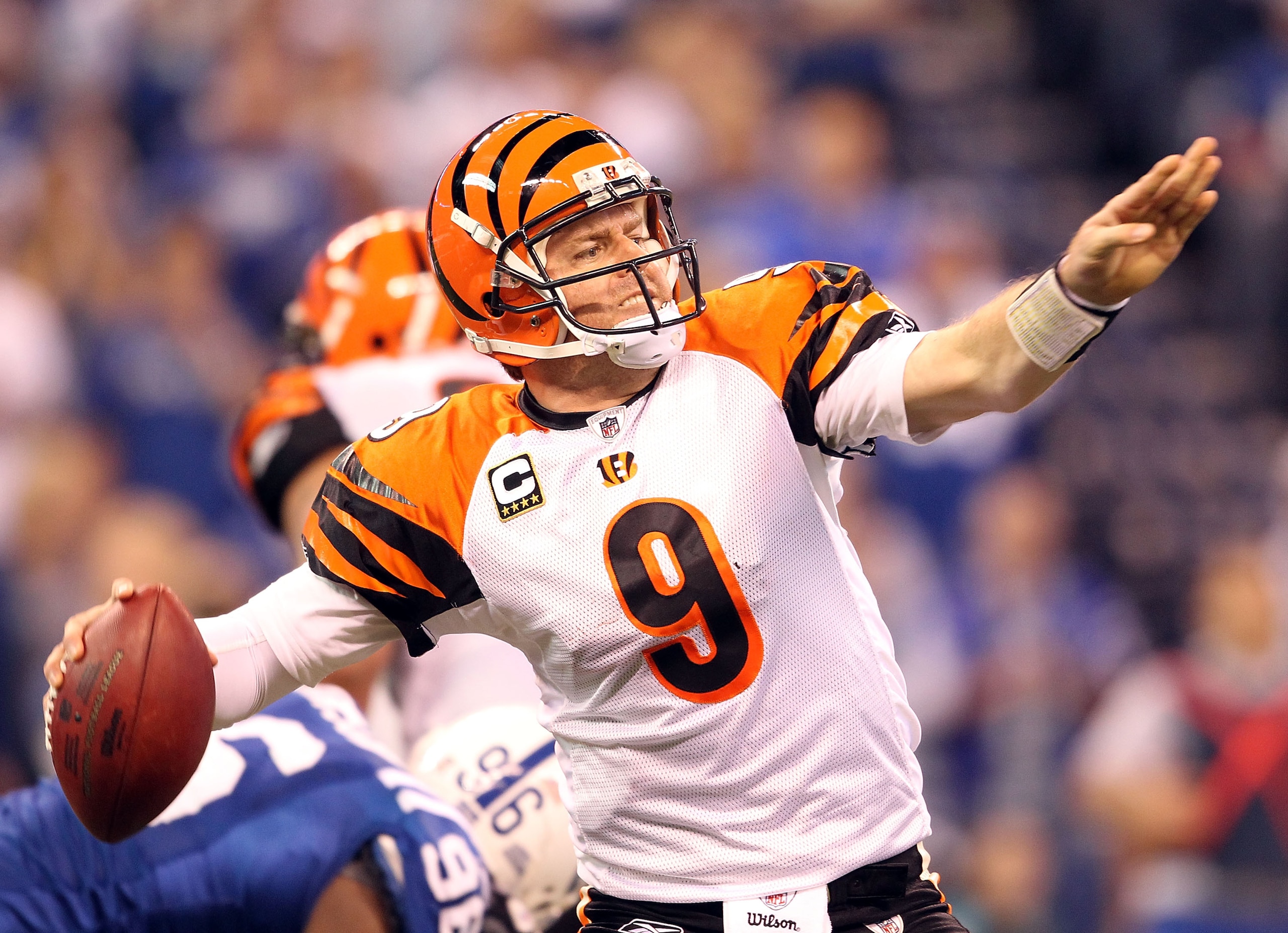 INDIANAPOLIS - NOVEMBER 14:  Carson Palmer #9 of the Cincinnati Bengals throws a pass during the Bengals 23-17 loss to the Indianapolis Colts in the NFL game at Lucas Oil Stadium on November 14, 2010 in Indianapolis, Indiana. The Colts won 23-17.  (Photo