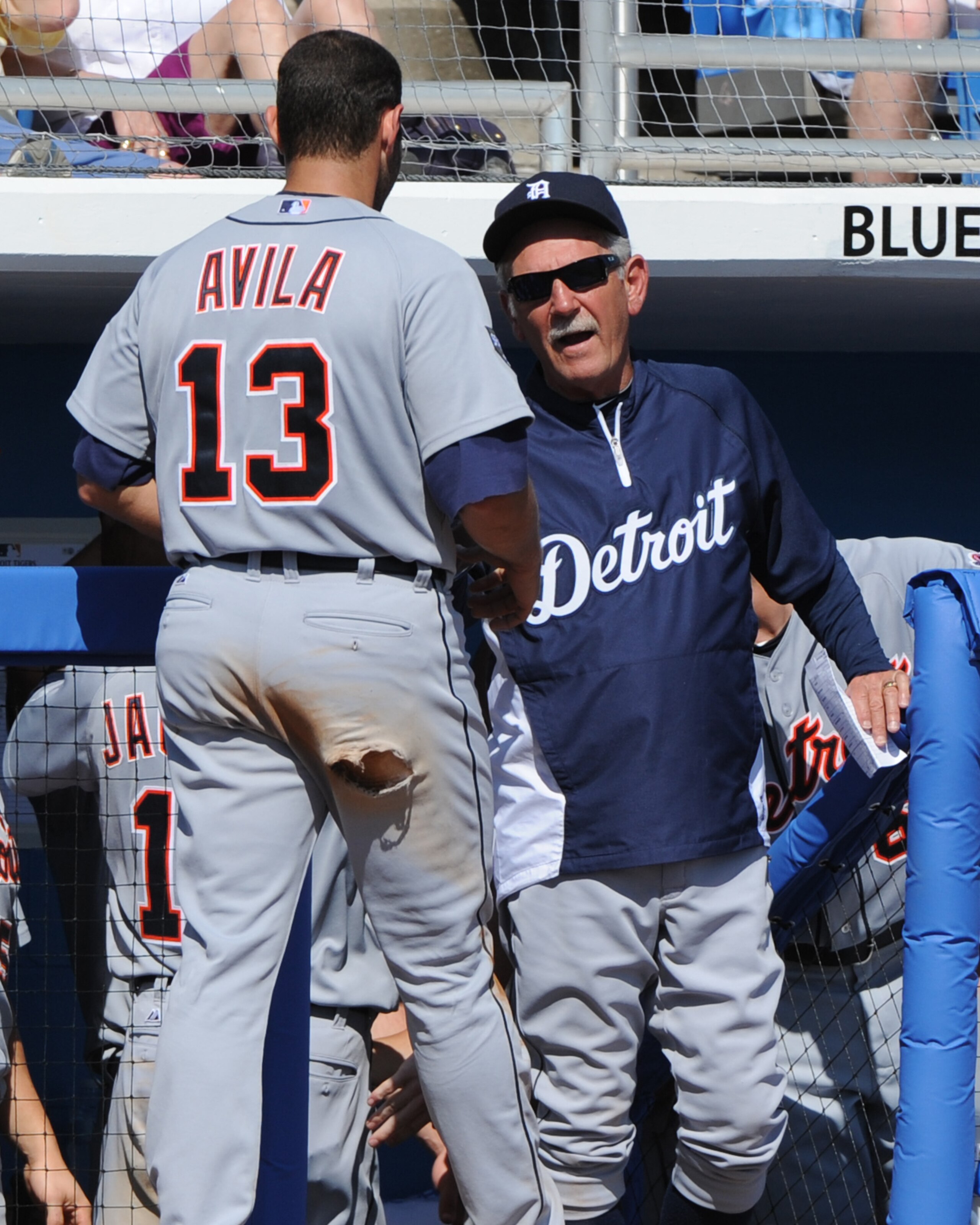 DUNEDIN, FL - FEBRUARY 26:  Manager Jim Leyland celebrates a run scored by catcher Alex Aliva #13 of the Detroit Tigers against the Toronto Blue Jays February 26, 2011 at Florida Auto Exchange Stadium in Dunedin, Florida.  (Photo by Al Messerschmidt/Getty
