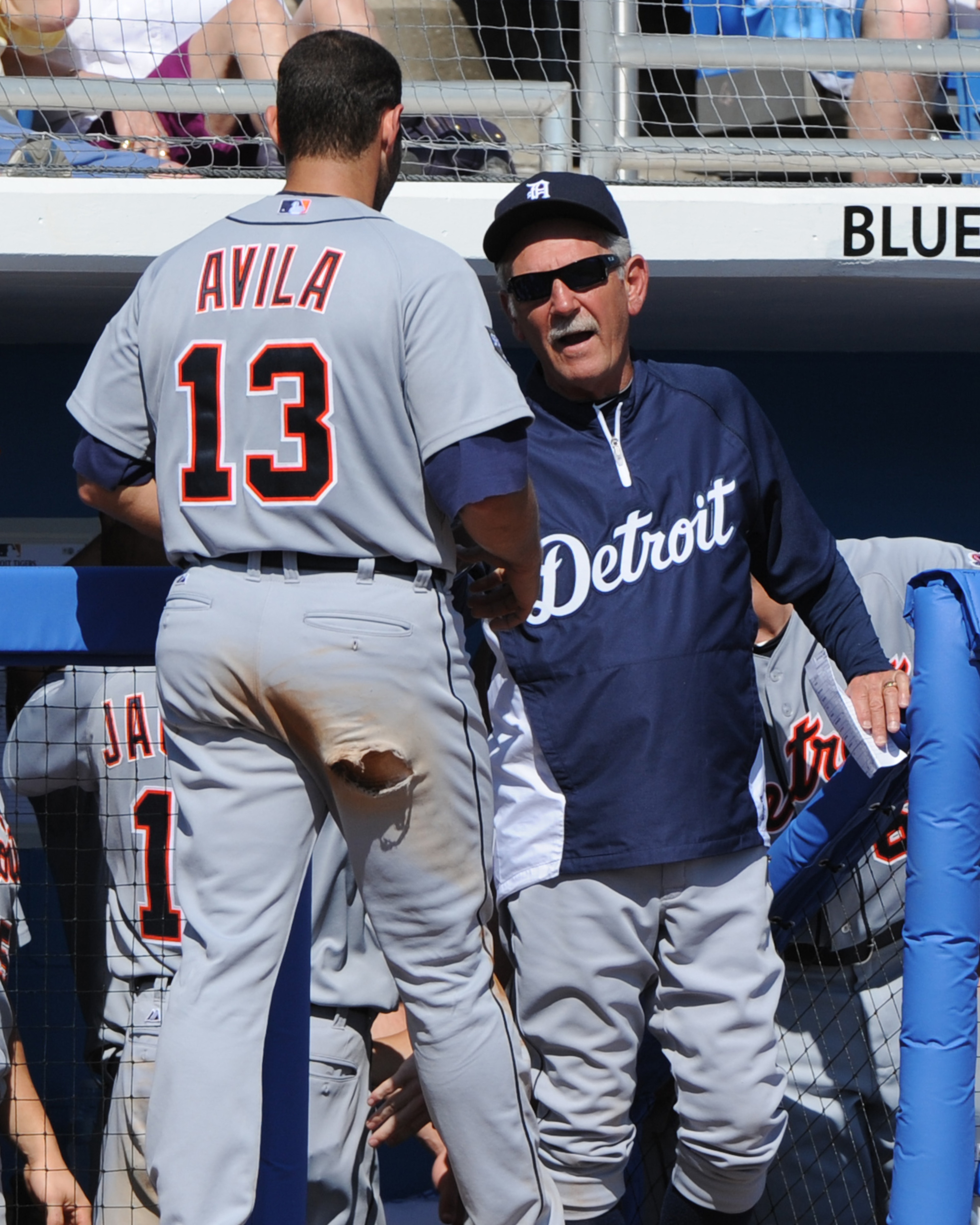 DUNEDIN, FL - FEBRUARY 26:  Manager Jim Leyland celebrates a run scored by catcher Alex Aliva #13 of the Detroit Tigers against the Toronto Blue Jays February 26, 2011 at Florida Auto Exchange Stadium in Dunedin, Florida.  (Photo by Al Messerschmidt/Getty