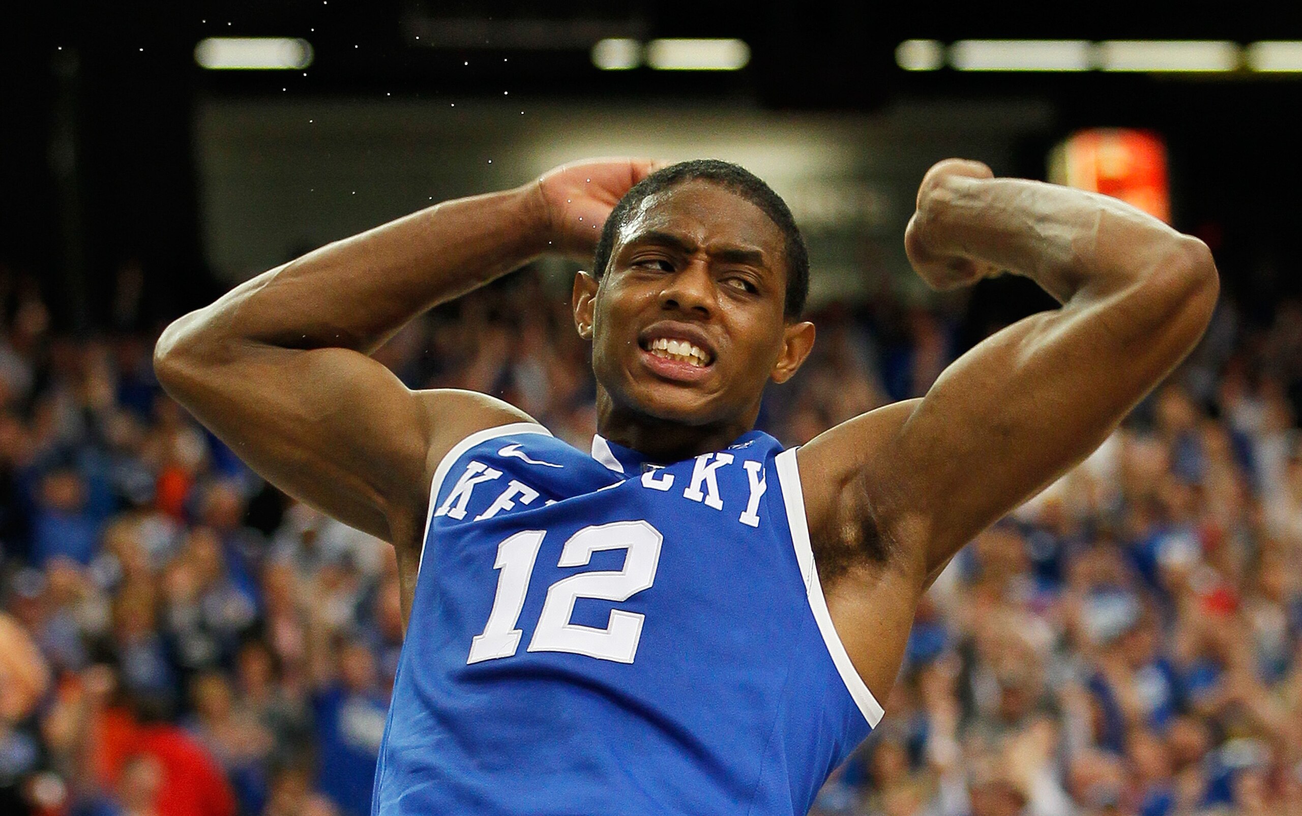 ATLANTA, GA - MARCH 13:  Brandon Knight #12 of the Kentucky Wildcats celebrates during their 70 to 54 win over the Florida Gators in the championship game of the SEC Men's Basketball Tournament at Georgia Dome on March 13, 2011 in Atlanta, Georgia.  (Phot