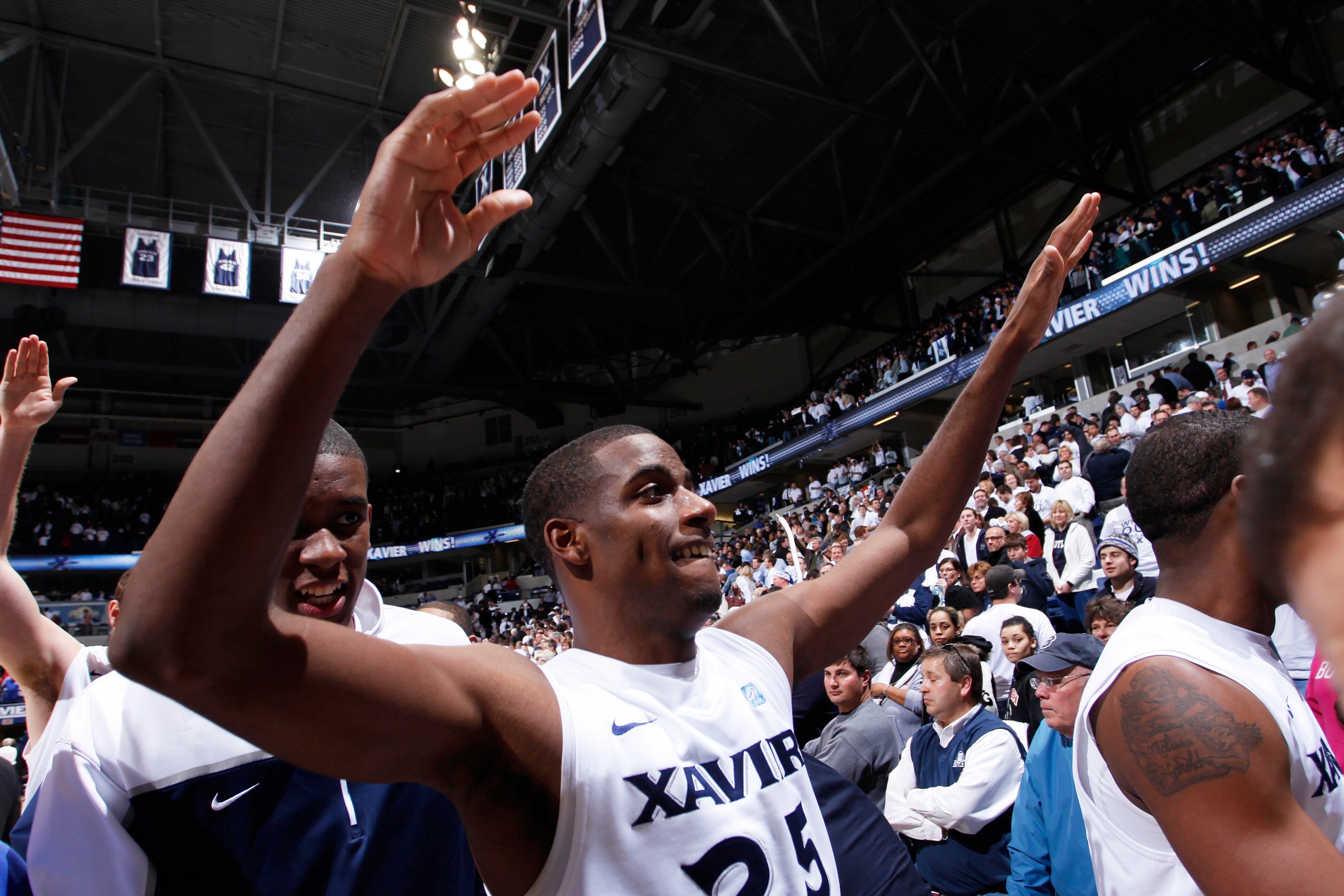 CINCINNATI, OH - DECEMBER 9: Dante Jackson #25 of the Xavier Musketeers celebrates after the game against the Butler Bulldogs at Cintas Center on December 9, 2010 in Cincinnati, Ohio. Xavier defeated Butler 51-49. (Photo by Joe Robbins/Getty Images)