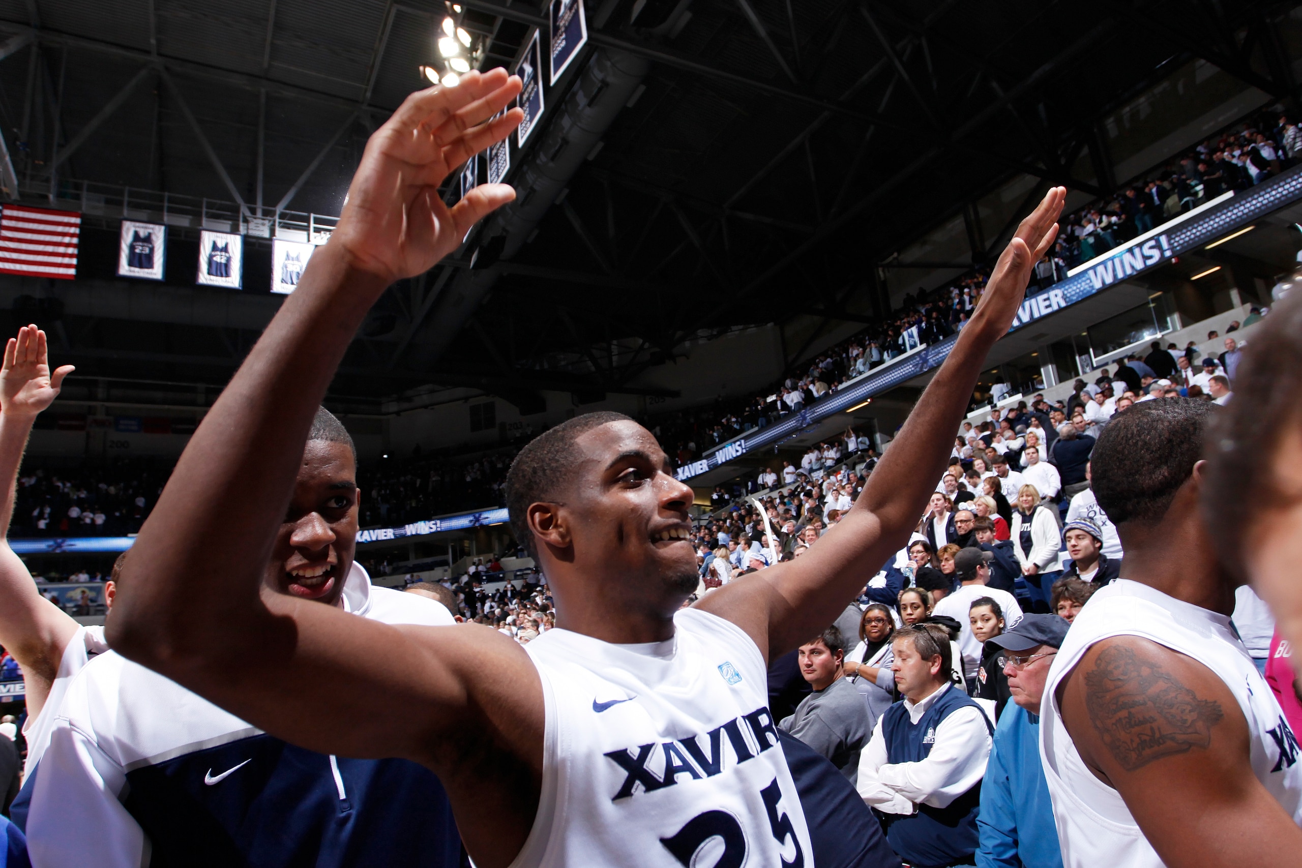 CINCINNATI, OH - DECEMBER 9: Dante Jackson #25 of the Xavier Musketeers celebrates after the game against the Butler Bulldogs at Cintas Center on December 9, 2010 in Cincinnati, Ohio. Xavier defeated Butler 51-49. (Photo by Joe Robbins/Getty Images)