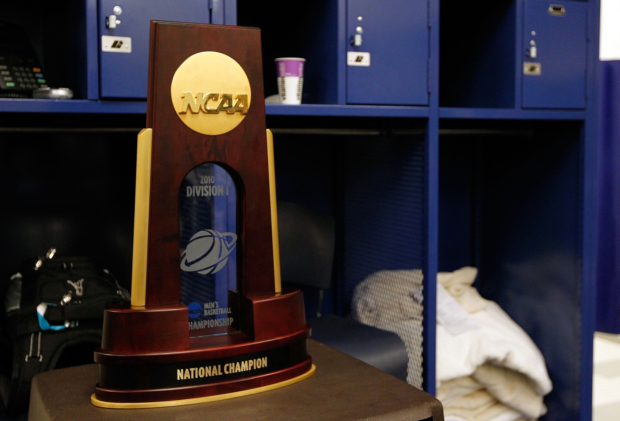 INDIANAPOLIS - APRIL 05: The national championship trophy sits in the Duke Blue Devils locker room after the Blue Devils won 61-59 against the Butler Bulldogs during the 2010 NCAA Division I Men's Basketball National Championship game at Lucas Oil Stadiu INDIANAPOLIS - APRIL 05: The national championship trophy sits in the Duke Blue Devils locker room after the Blue Devils won 61-59 against the Butler Bulldogs during the 2010 NCAA Division I Men's Basketball National Championship game at Lucas Oil Stadiu