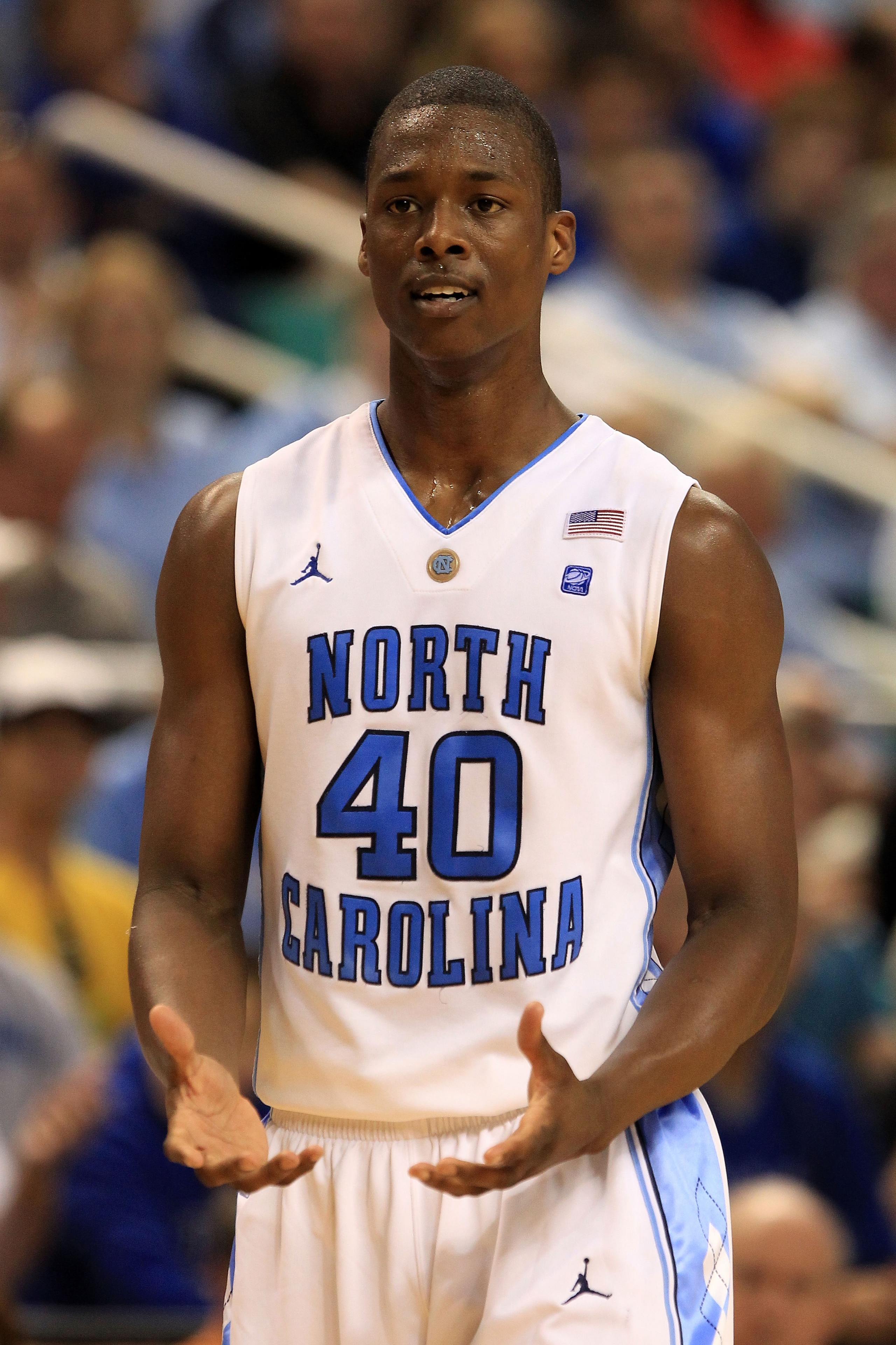 GREENSBORO, NC - MARCH 12:  Harrison Barnes #40 of the North Carolina Tar Heels reacts during the first half against the Clemson Tigers in the semifinals of the 2011 ACC men's basketball tournament at the Greensboro Coliseum on March 12, 2011 in Greensbor