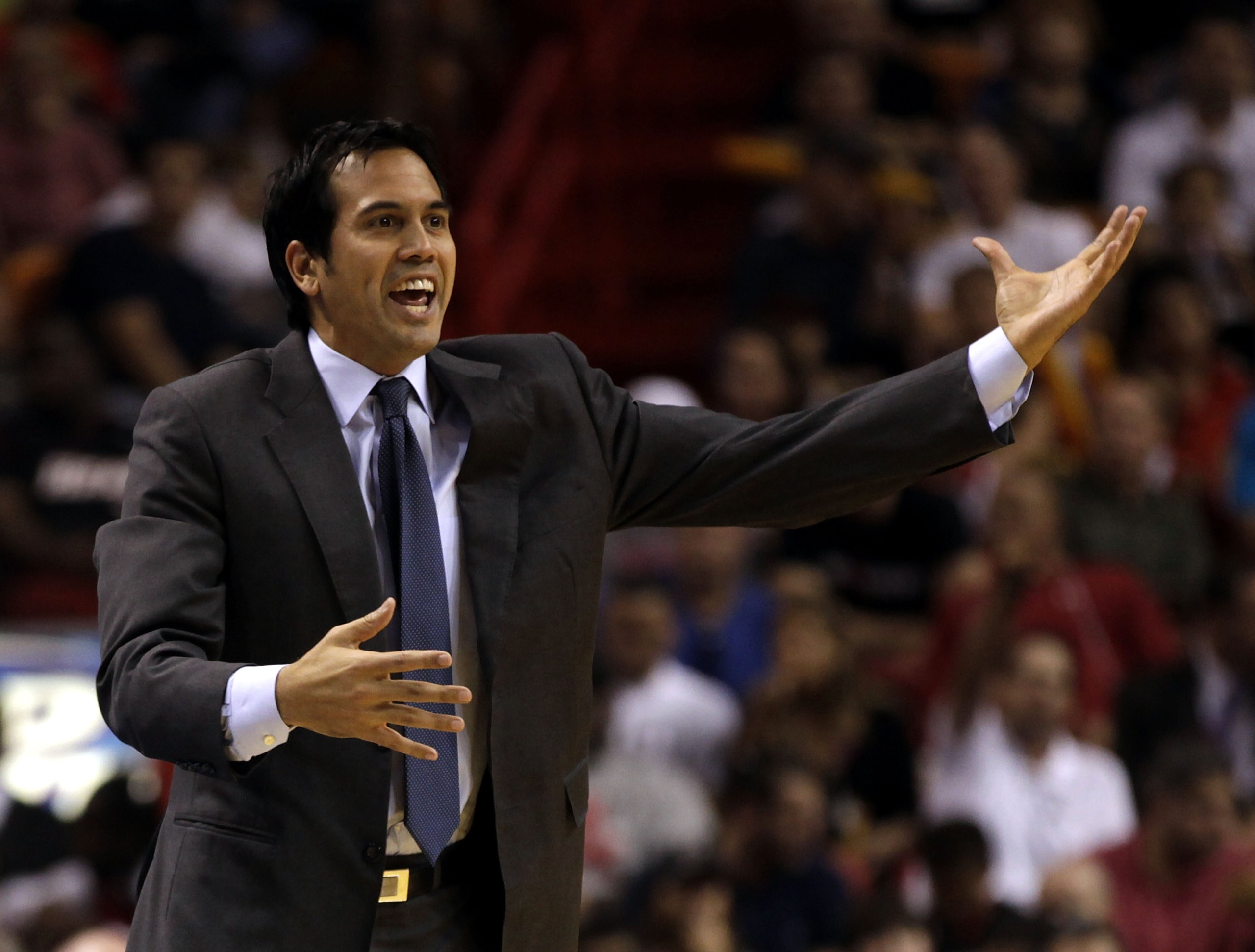 MIAMI - MARCH 12:  Coach Erik Spoelstra of the Miami Heat shouts instructions against the Memphis Grizzlies at American Airlines Arena on March 12, 2011 in Miami, Florida. NOTE TO USER: User expressly acknowledges and agrees that, by downloading and/or us