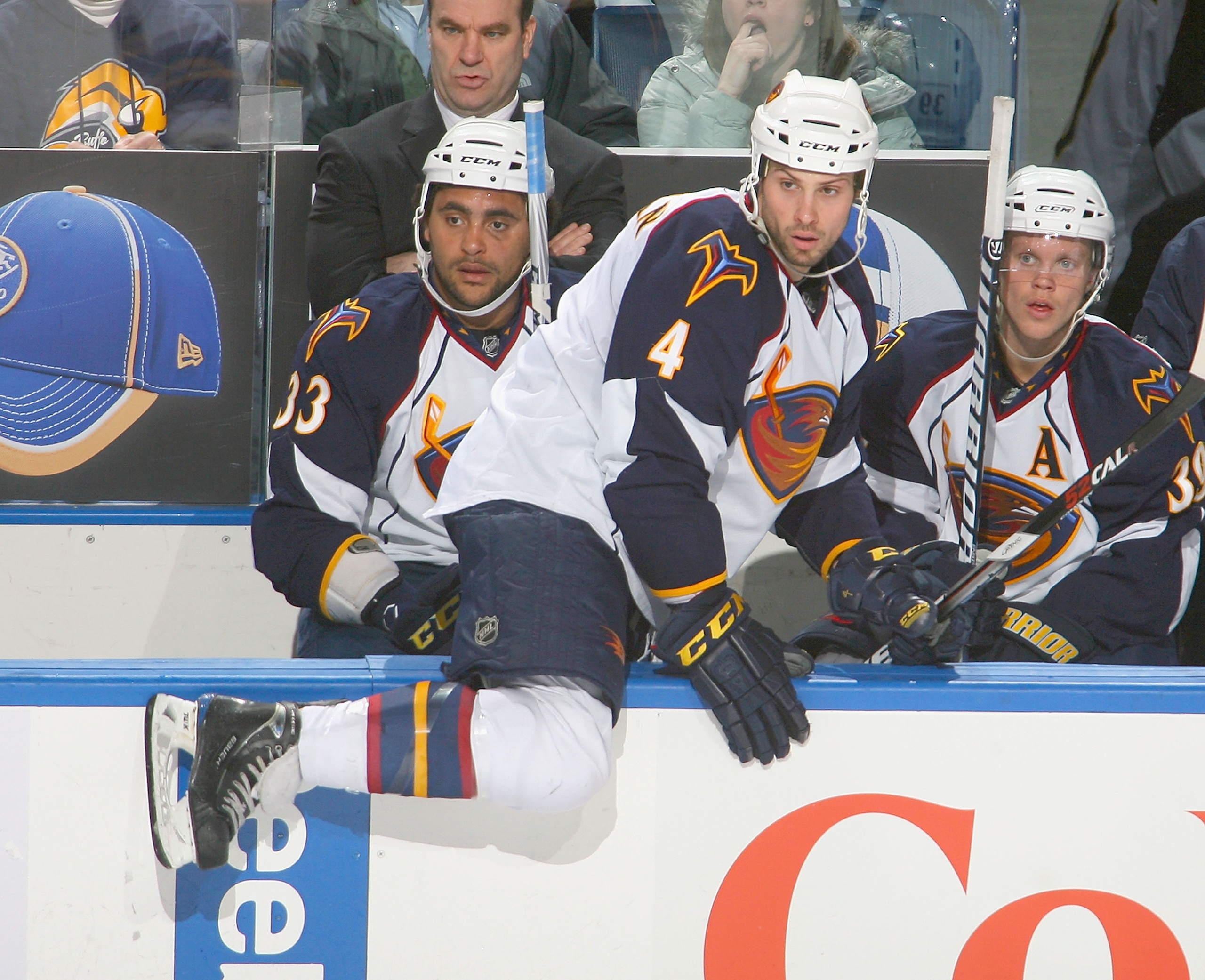 BUFFALO, NY - FEBRUARY 23: Zach Bogosian #4 of the Atlanta Thrashers readies to enter the ice against the Buffalo Sabres  at HSBC Arena on February 23, 2011 in Buffalo, New York. Buffalo won 4-1.  (Photo by Rick Stewart/Getty Images)