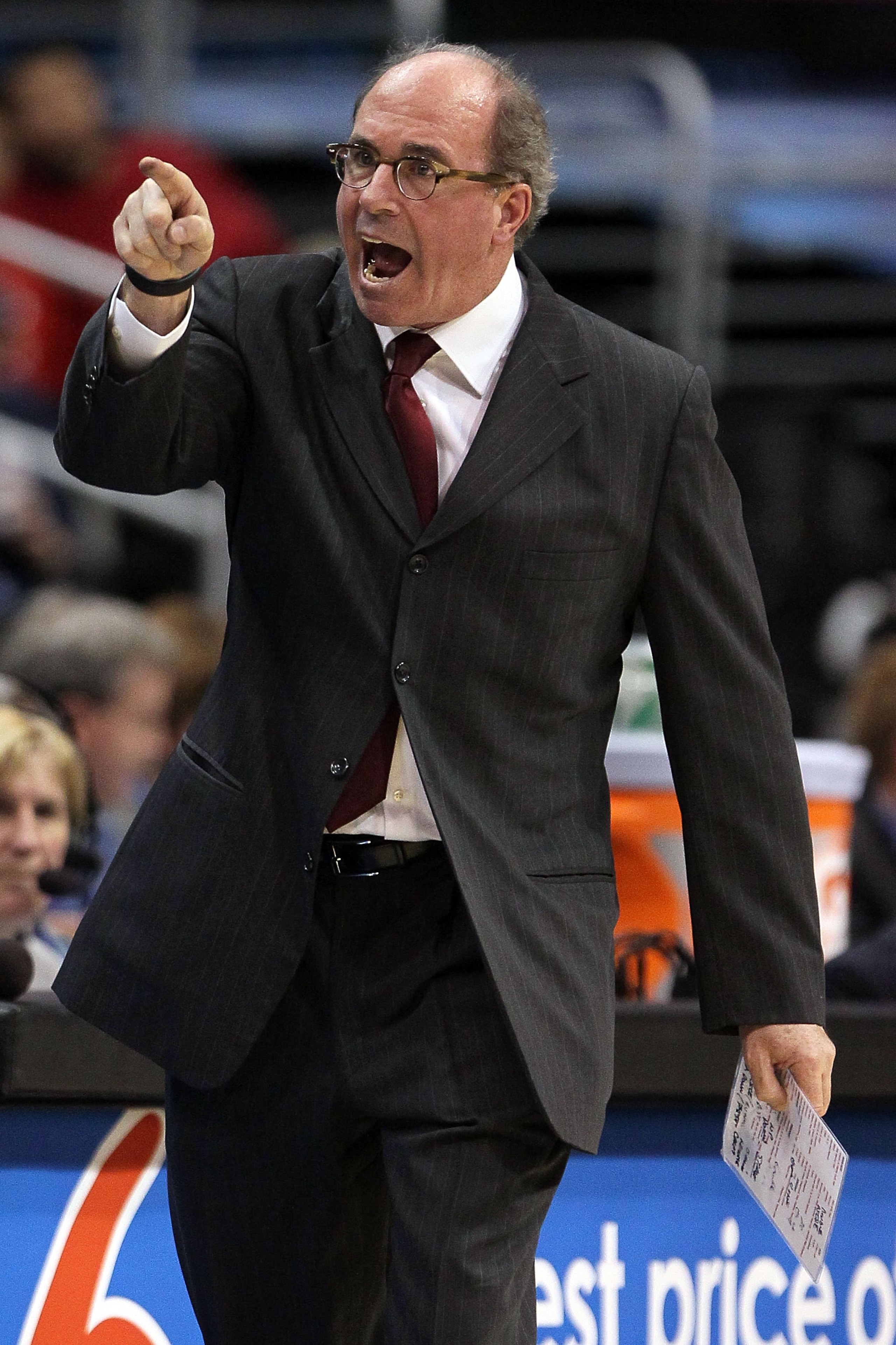 LOS ANGELES, CA - MARCH 10:  Head coach Kevin O'Neill of the USC Trojans reacts in the first half while taking on the California Golden Bears in the quarterfinals of the 2011 Pacific Life Pac-10 Men's Basketball Tournament at Staples Center on March 10, 2