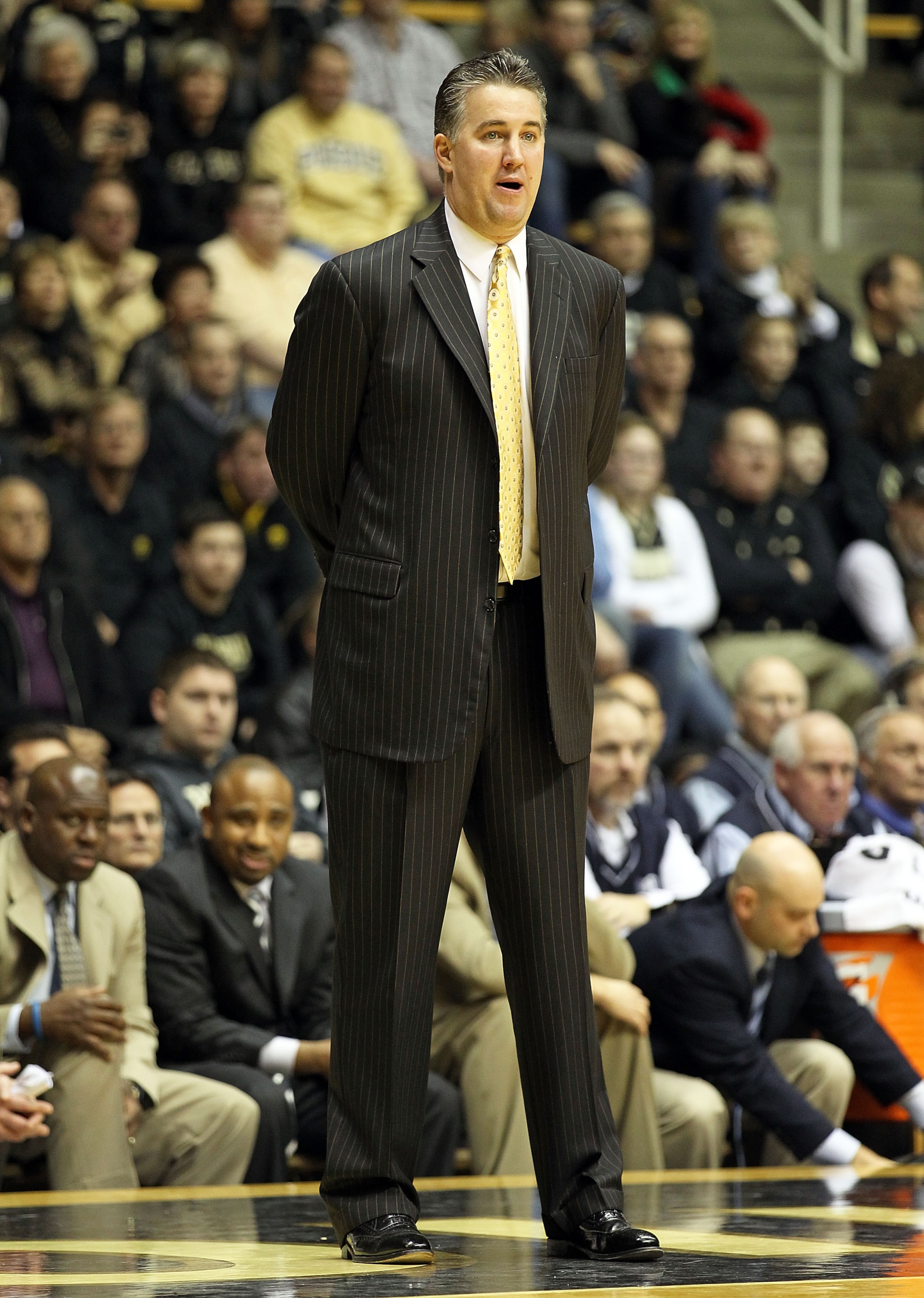 WEST LAFAYETTE, IN - JANUARY 09:  Matt Painter the Head Coach of the Purdue Boilermakers gives instructions to his team during the Big Ten Conference game against the Iowa Hawkeyes at Mackey Arena on January 9, 2011 in West Lafayette, Indiana.  Purdue won