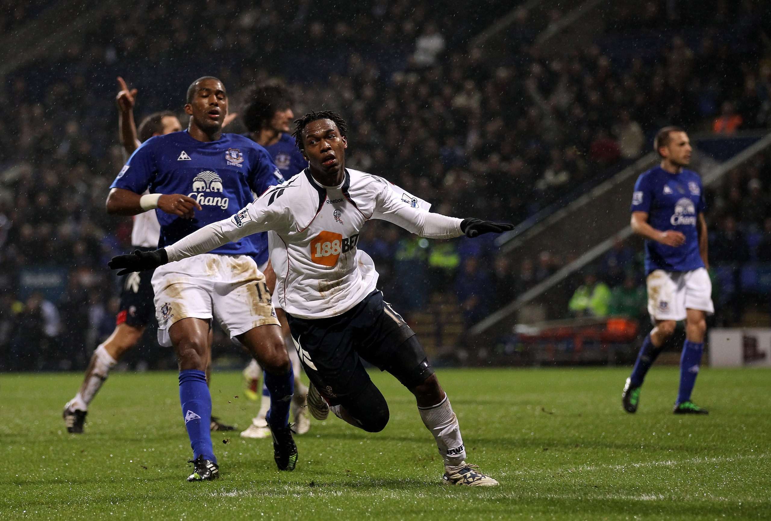 BOLTON, ENGLAND - FEBRUARY 13:  Daniel Sturridge of Bolton Wanderers celebrates scoring his team's second goal during the Barclays Premier League match between Bolton Wanderers and Everton at the Reebok Stadium on February 13, 2011 in Bolton, England.  (P