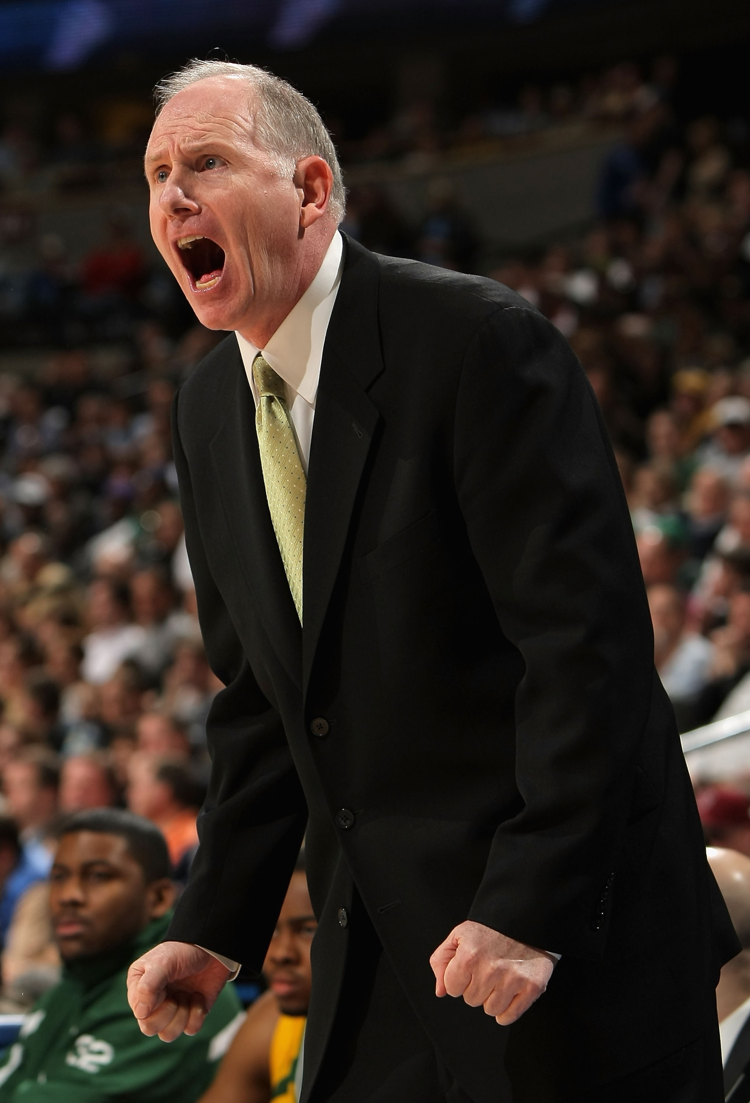 DENVER - MARCH 20:  Head coach Jim Larranaga of the George Mason Patriots reacts during the first round game of the East Regional against the Notre Dame Fighting Irish as part of the 2008 NCAA Men's Basketball Tournament at Pepsi Center on March 20, 2008
