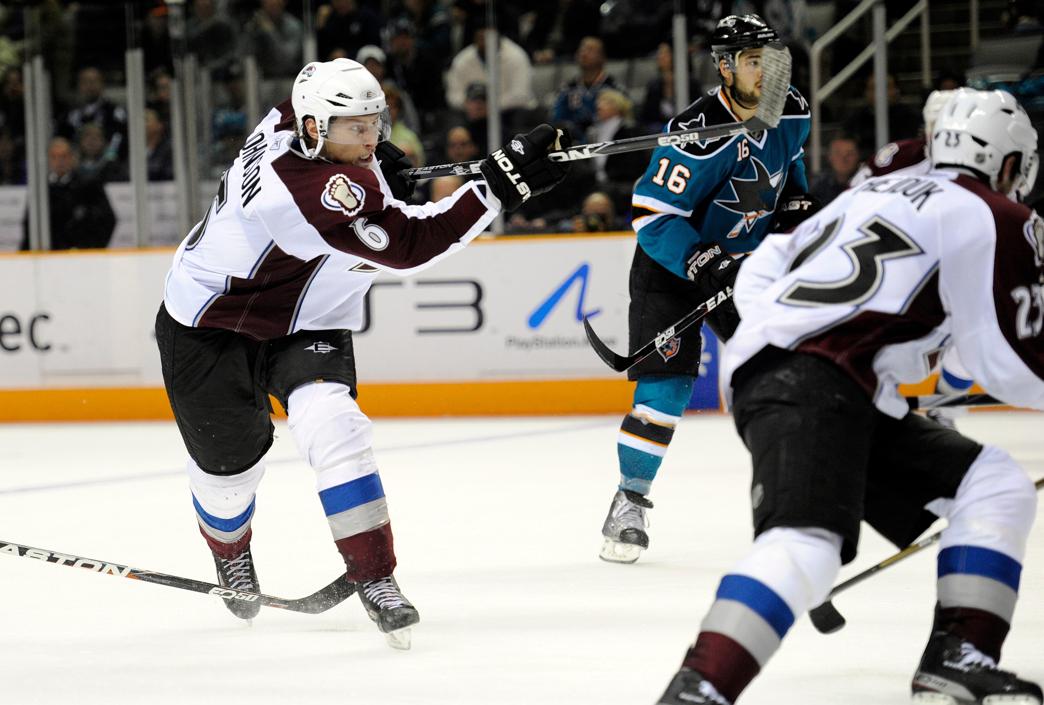 SAN JOSE, CA - MARCH 1: Erik Johnosn #6 of the Colorado Avalanche shoots on goal against the San Jose Sharks in the third period during an NHL hockey game at the HP Pavilion on March 1, 2011 in San Jose, California. The Sharks won the game in a shootout 2