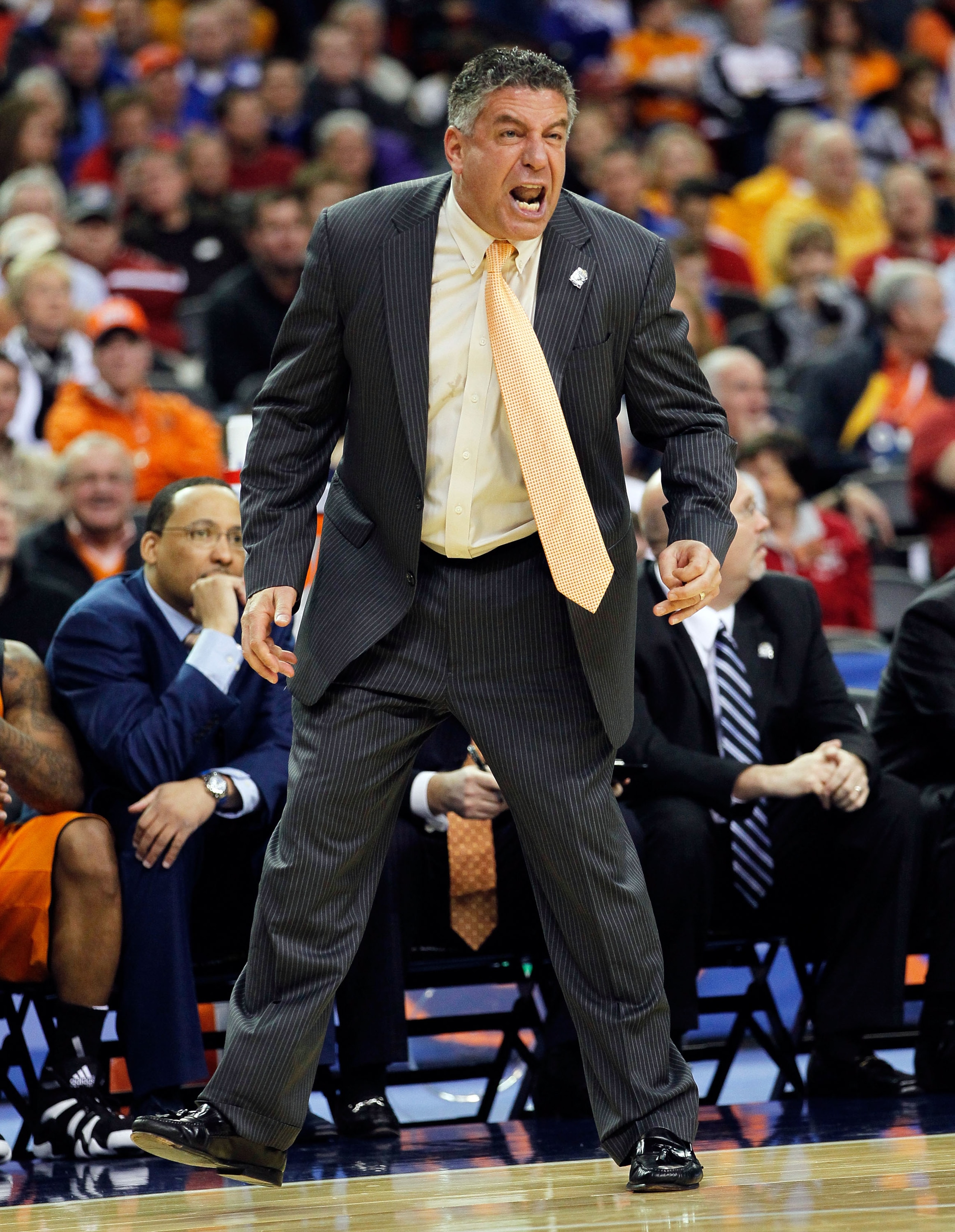 ATLANTA, GA - MARCH 10:  Head coach Bruce Pearl of the Tennessee Volunteers reacts during their game against the Arkansas Razorbacks in the first round of the SEC Men's Basketball Tournament at the Georgia Dome on March 10, 2011 in Atlanta, Georgia.  (Pho