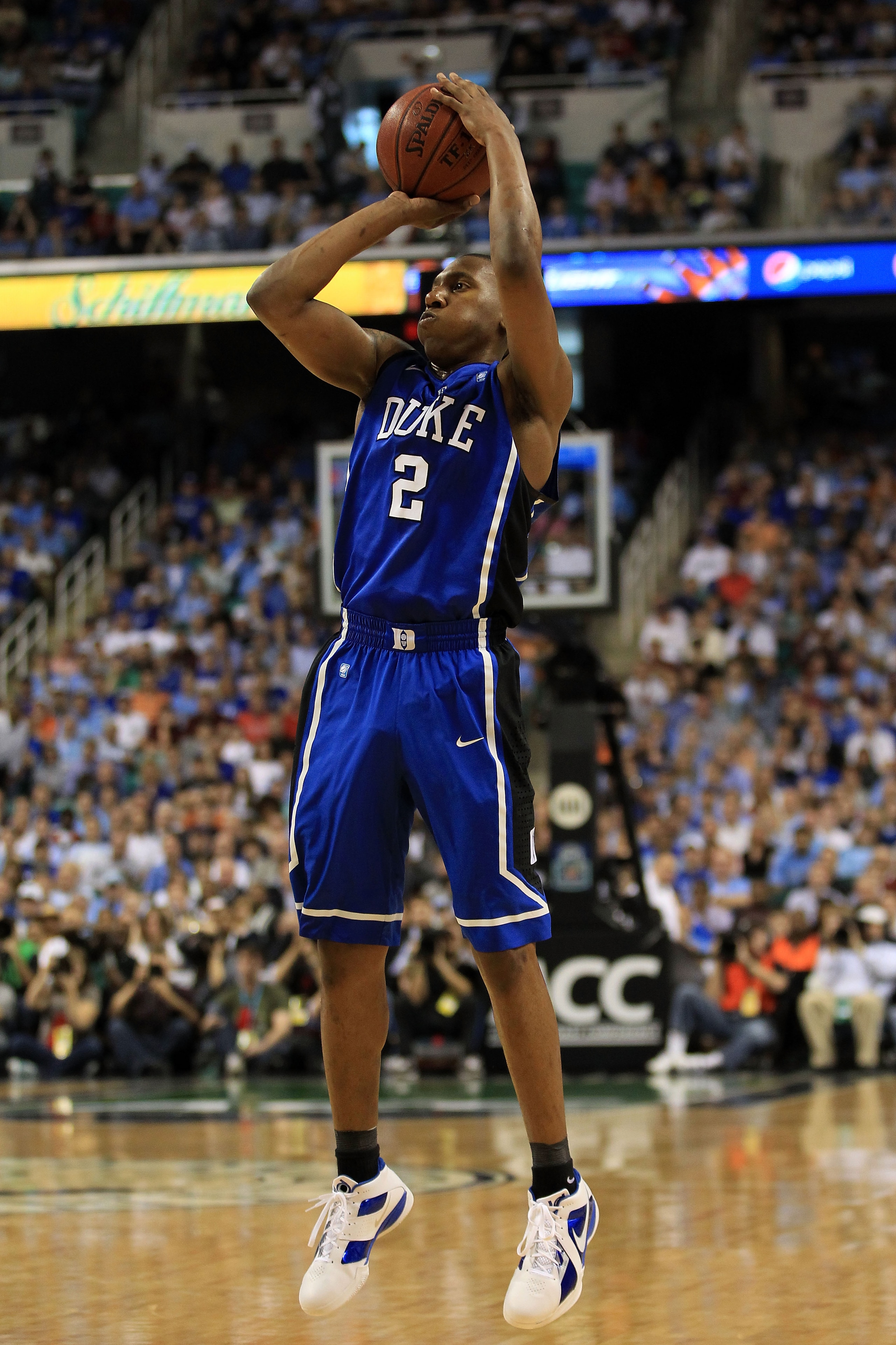 GREENSBORO, NC - MARCH 13:  Nolan Smith #2 of the Duke Blue Devils shoots against the North Carolina Tar Heels during the first half in the championship game of the 2011 ACC men's basketball tournament at the Greensboro Coliseum on March 13, 2011 in Green