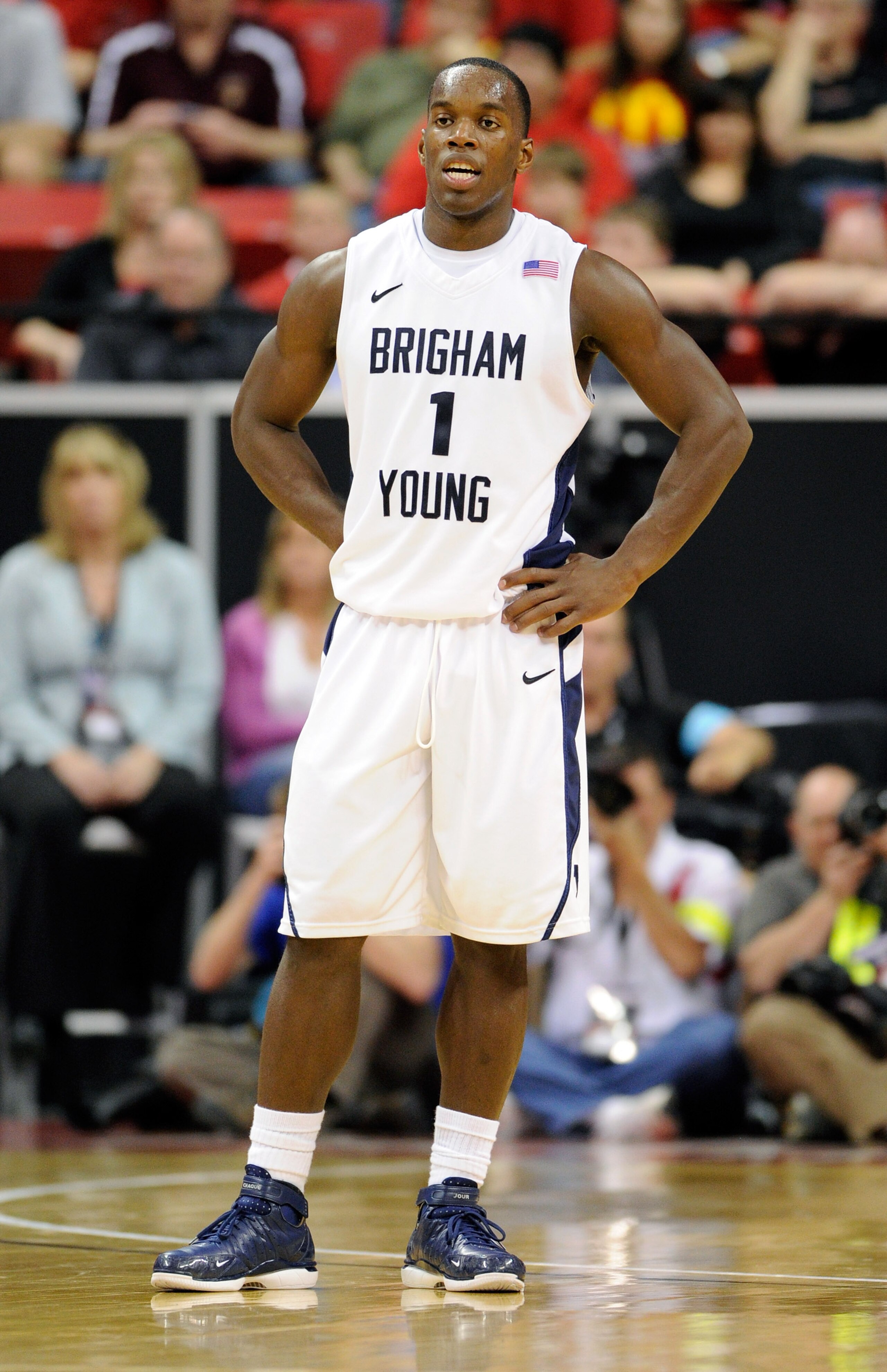 LAS VEGAS, NV - MARCH 11:  Charles Abouo #1 of the Brigham Young University Cougars stands on the court during a semifinal game of the Conoco Mountain West Conference Basketball tournament against the New Mexico Lobos at the Thomas & Mack Center March 11,