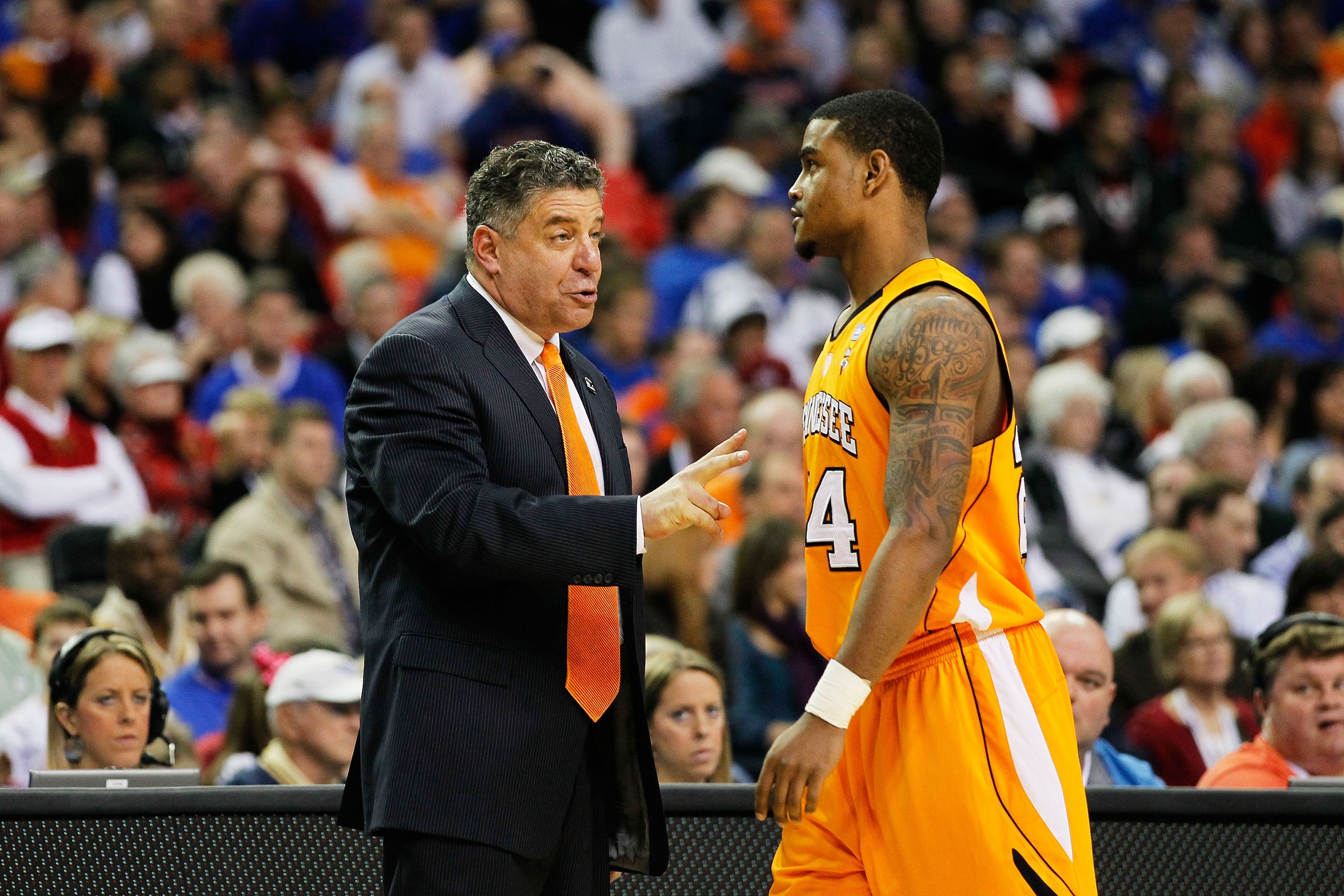 ATLANTA, GA - MARCH 11:  Head coach Bruce Pearl talks to Josh Bone #24 of the Tennessee Volunteers during their game against the Florida Gators in the quarterfinals of the SEC Men's Basketball Tournament at Georgia Dome on March 11, 2011 in Atlanta, Georg