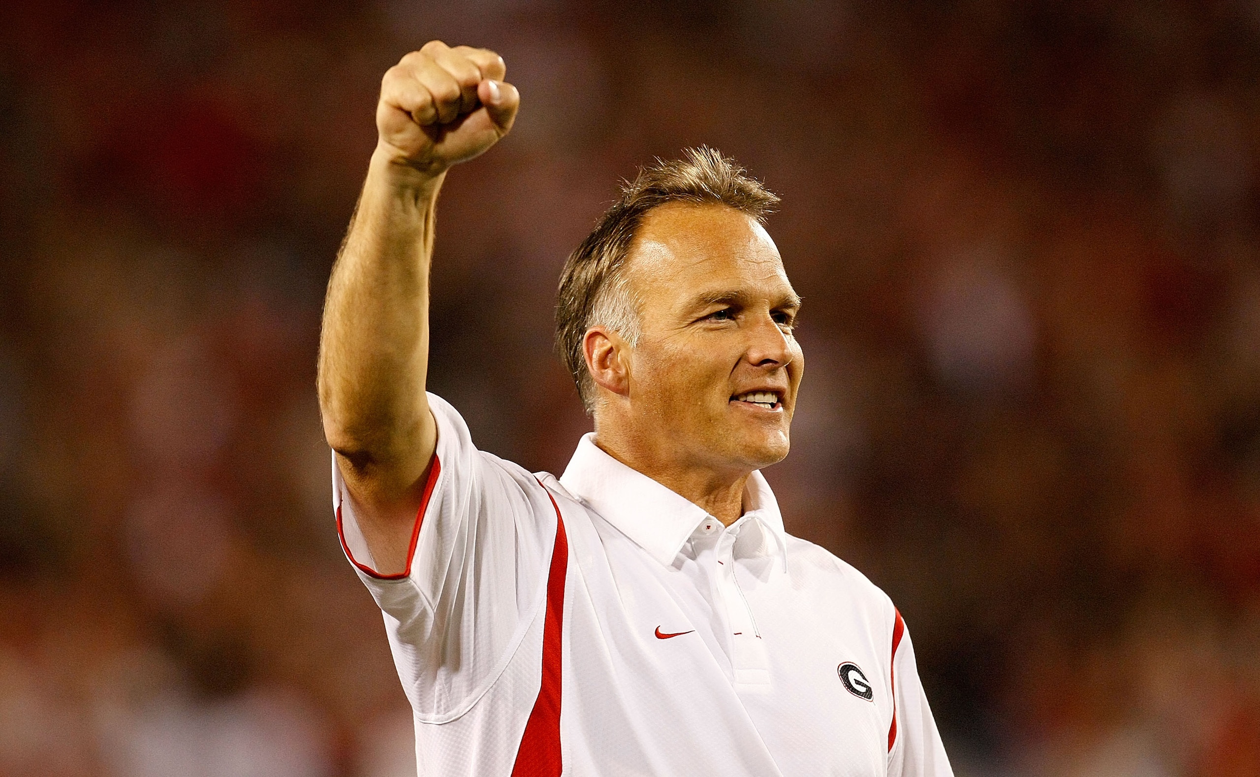 ATHENS, GA - SEPTEMBER 12:  Head coach Mark Richt of the Georgia Bulldogs celebrates after a blocked extra point attempt by the South Carolina Gamecocks at Sanford Stadium on September 12, 2009 in Athens, Georgia.  (Photo by Kevin C. Cox/Getty Images)