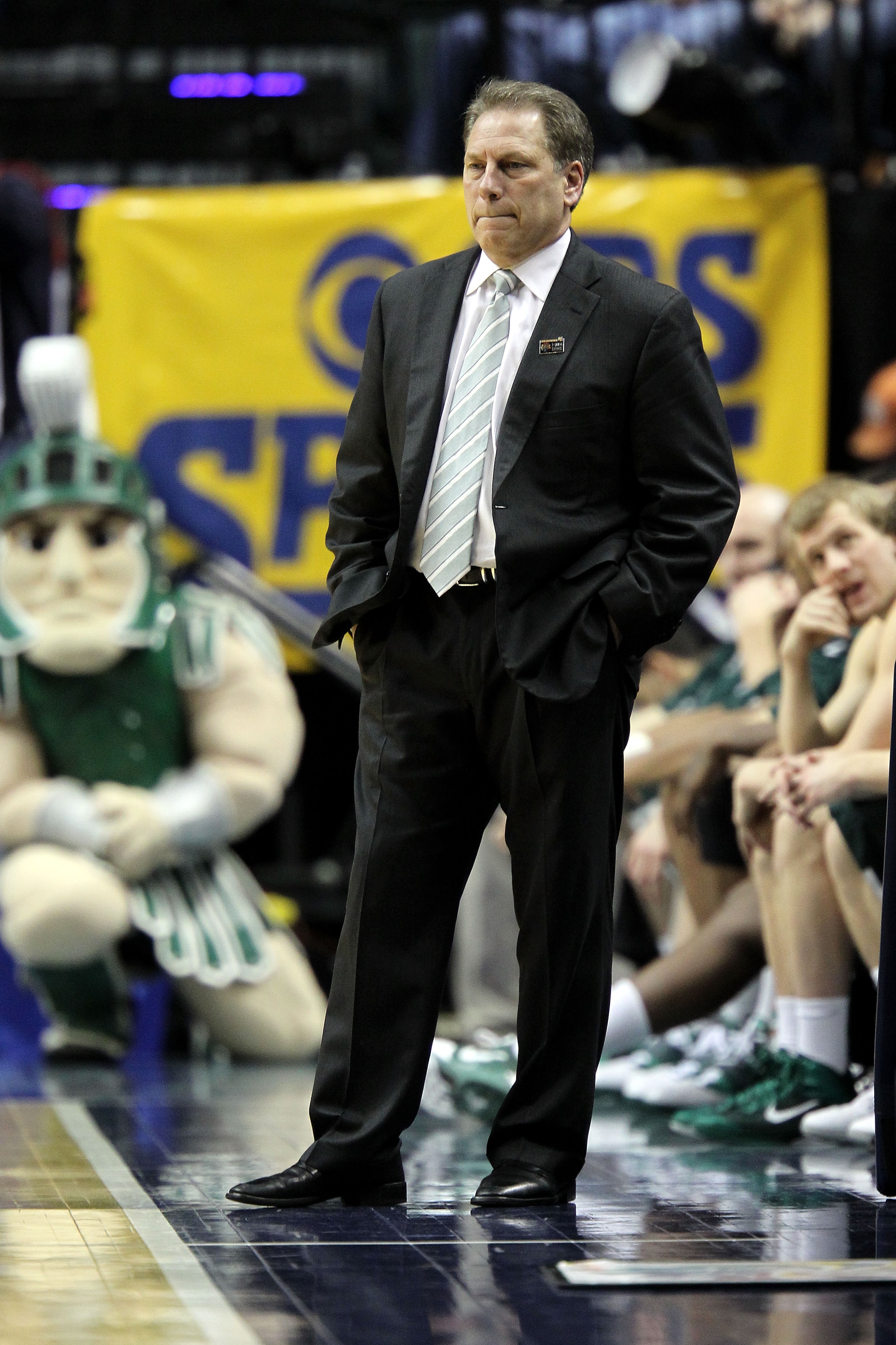 INDIANAPOLIS, IN - MARCH 12:  Head coach Tom Izzo of the Michigan State Spartans looks on against the Penn State Nittany Lions during the semifinals of the 2011 Big Ten Men's Basketball Tournament at Conseco Fieldhouse on March 12, 2011 in Indianapolis, I