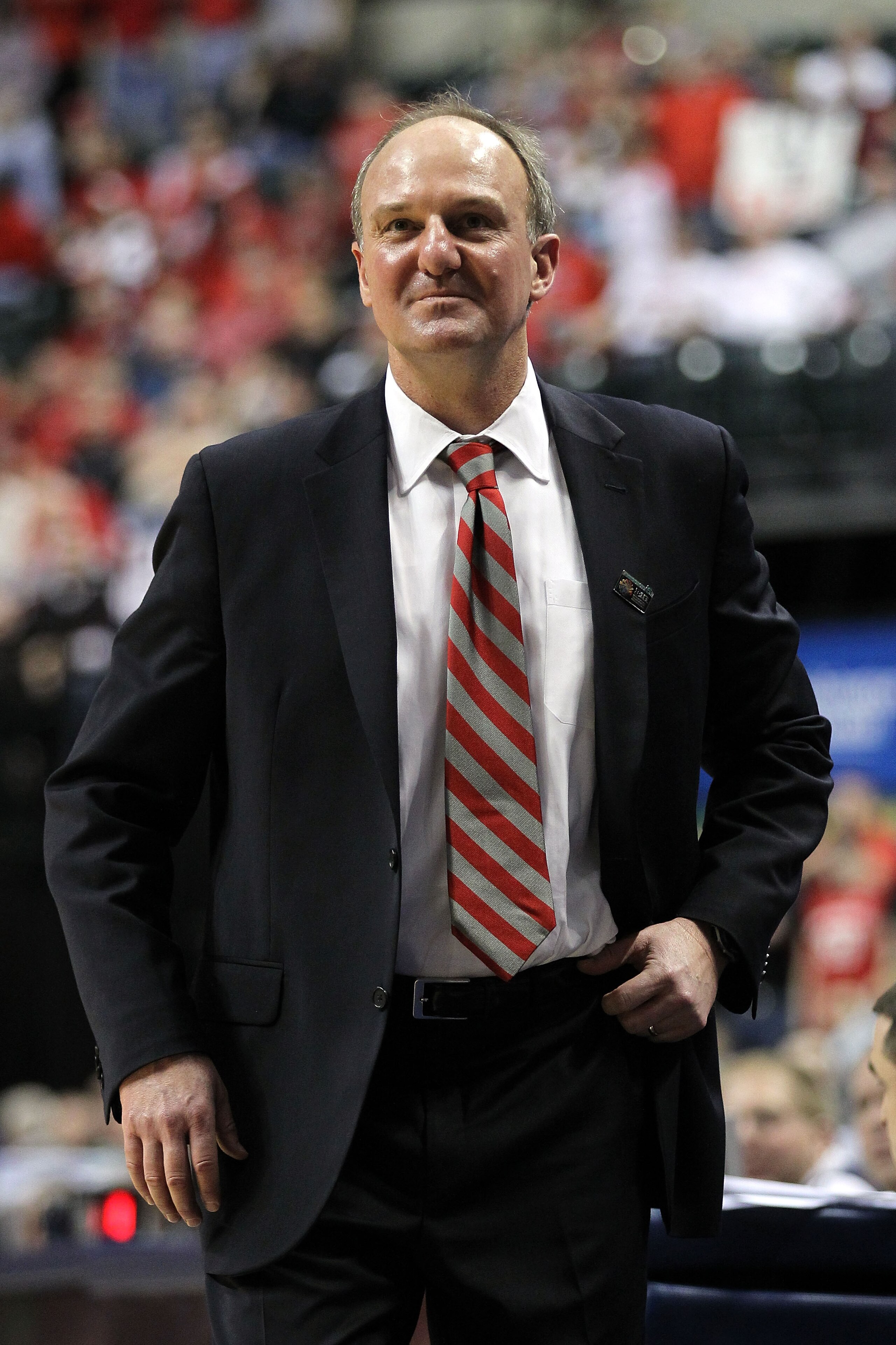 INDIANAPOLIS, IN - MARCH 13:  Head coach Thad Matta of the Ohio State Buckeyes smiles against the Penn State Nittany Lions during the championship game of the 2011 Big Ten Men's Basketball Tournament at Conseco Fieldhouse on March 13, 2011 in Indianapolis