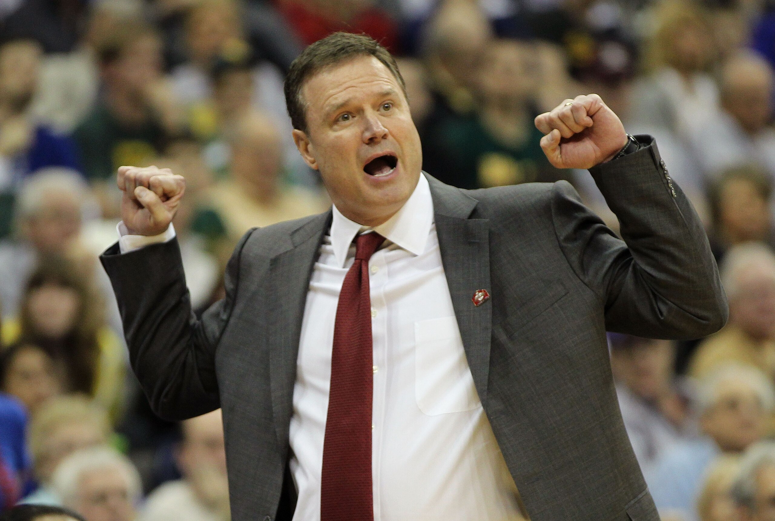 KANSAS CITY, MO - MARCH 11:  Head coach Bill Self of the Kansas Jayhawks reacts to a play during their semifinal game against the Colorado Buffaloes in the 2011 Phillips 66 Big 12 Men's Basketball Tournament at Sprint Center on March 11, 2011 in Kansas Ci
