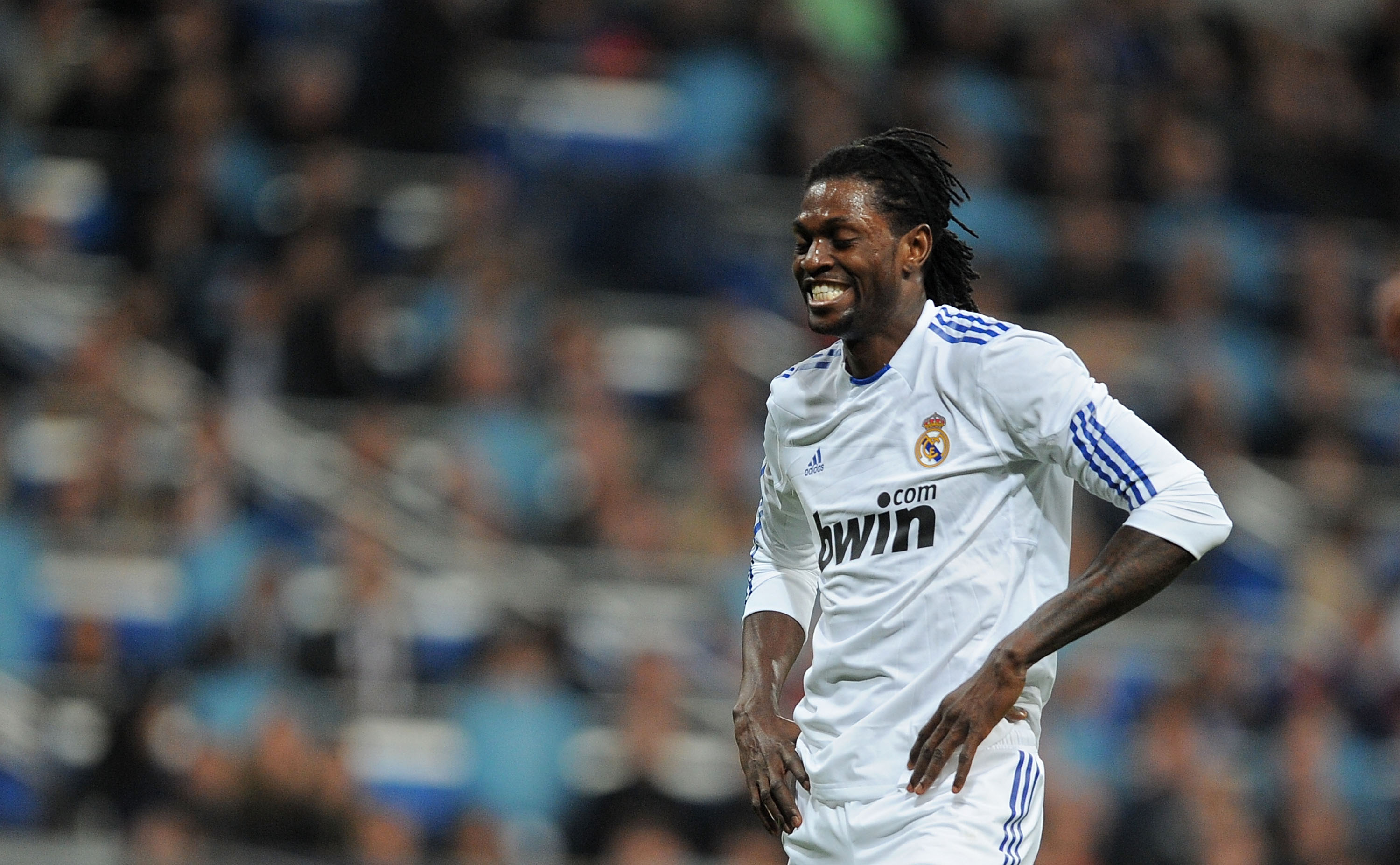 MADRID, SPAIN - FEBRUARY 06:  Emmanuel Adebayor of Real Madrid reacts during the La Liga match between Real Madrid and Real Sociedad at Estadio Santiago Bernabeu on February 6, 2011 in Madrid, Spain.  (Photo by Denis Doyle/Getty Images)