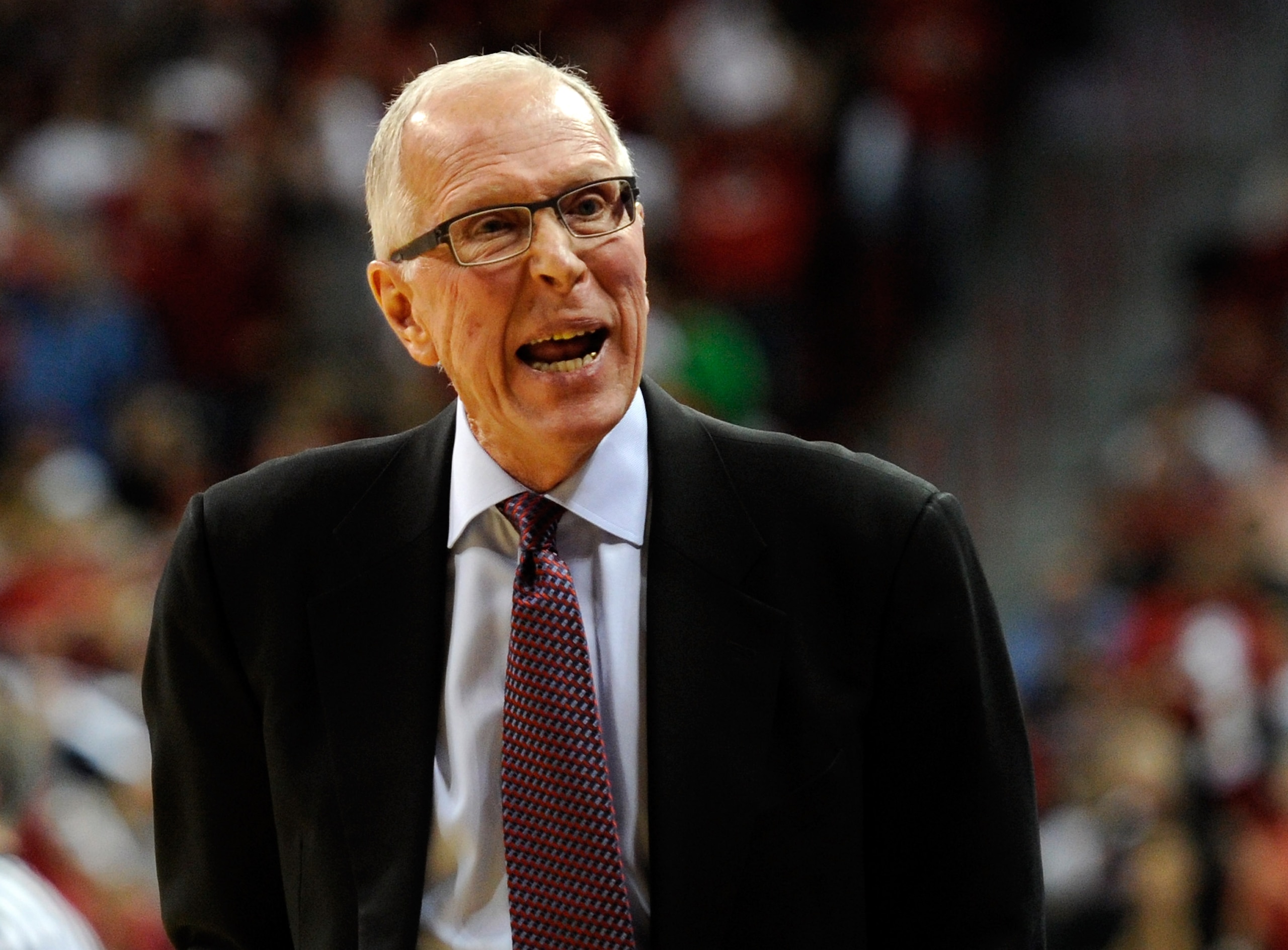 LAS VEGAS, NV - FEBRUARY 12:  Head coach Steve Fisher of the San Diego State Aztecs yells at his bench during the team's game against the UNLV Rebels at the Thomas & Mack Center February 12, 2011 in Las Vegas, Nevada. San Diego State won 63-57.  (Photo by
