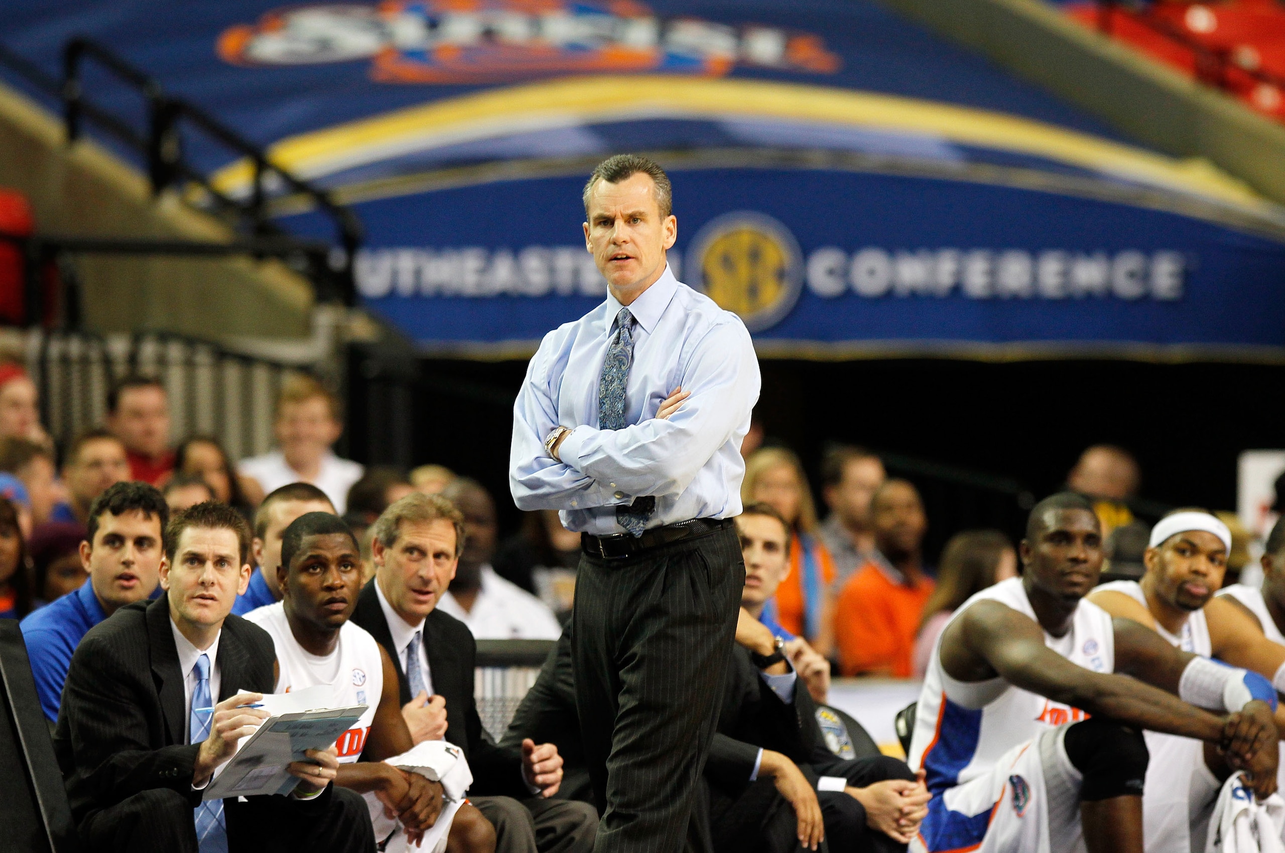 ATLANTA, GA - MARCH 12:  Head coach Billy Donovan of the Florida Gators looks on during their game against the Vanderbilt Commodores in the semifinals of the SEC Men's Basketball Tournament at Georgia Dome on March 12, 2011 in Atlanta, Georgia.  (Photo by