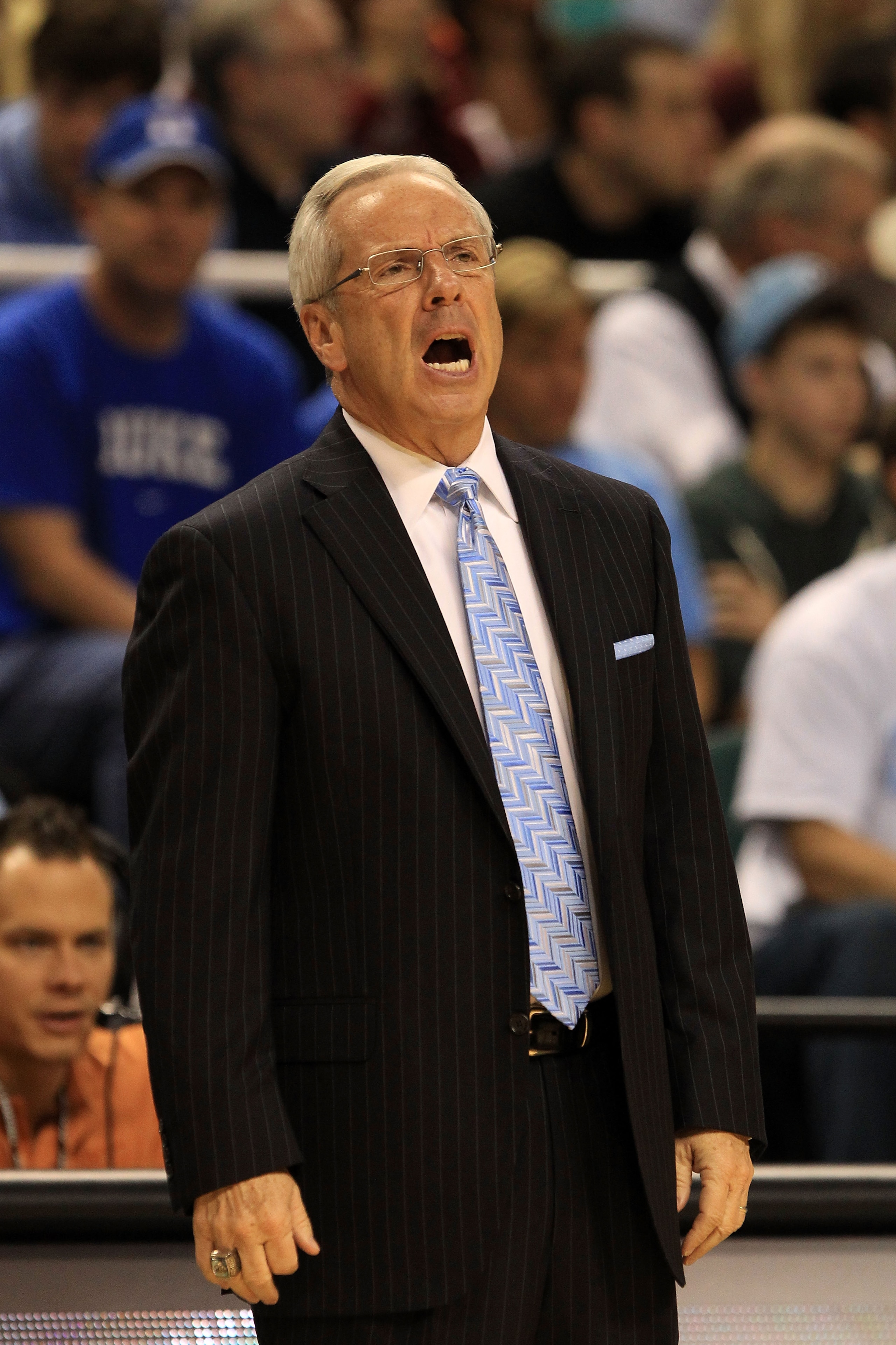 GREENSBORO, NC - MARCH 12:  Head coach Roy Williams of the North Carolina Tar Heels reacts while playing the Clemson Tigers in the semifinals of the 2011 ACC men's basketball tournament at the Greensboro Coliseum on March 12, 2011 in Greensboro, North Car