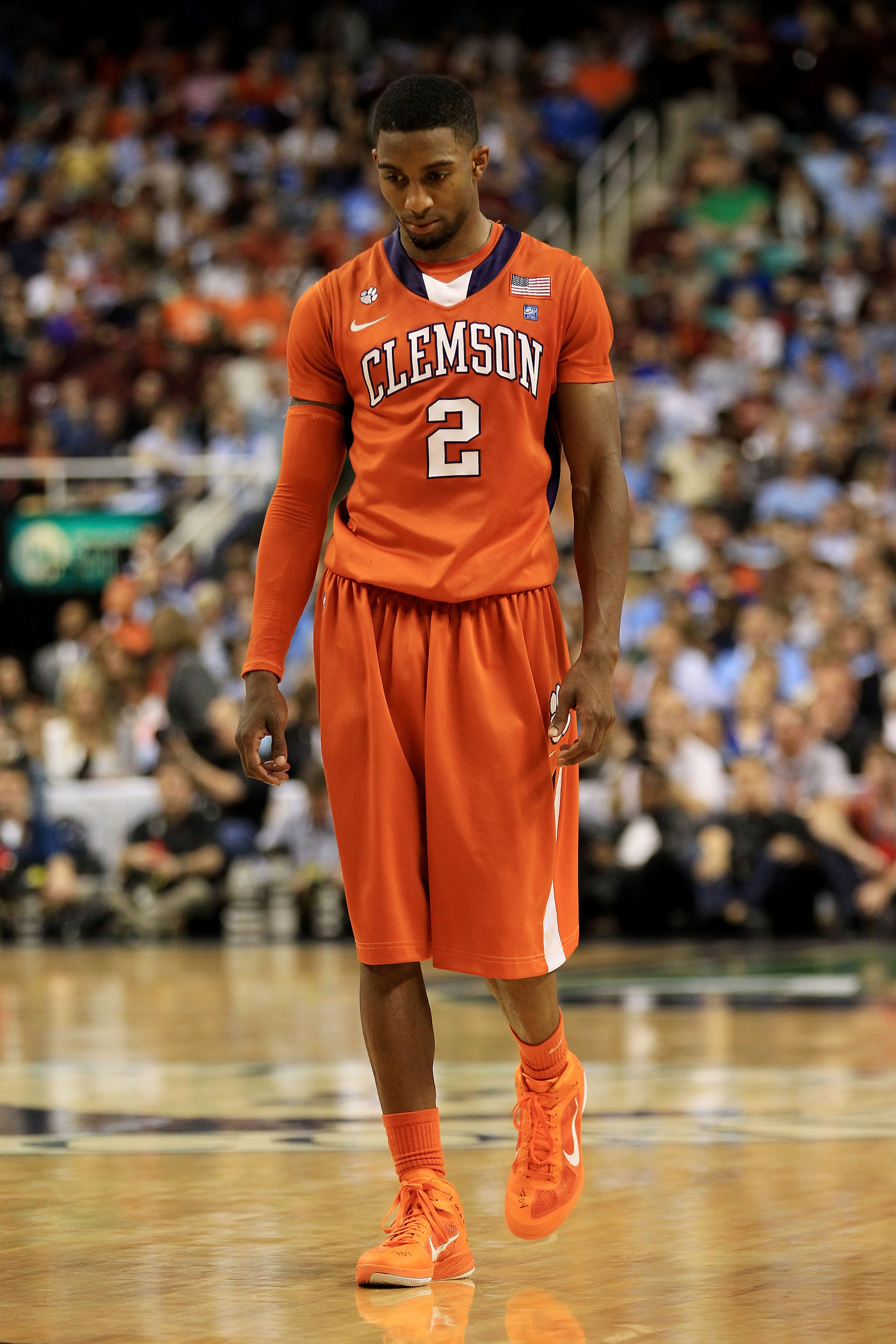 GREENSBORO, NC - MARCH 12:  Demontez Stitt #2 of the Clemson Tigers reacts after losing 92-87 to the North Carolina Tar Heels during overtime in the semifinals of the 2011 ACC men's basketball tournament at the Greensboro Coliseum on March 12, 2011 in Gre