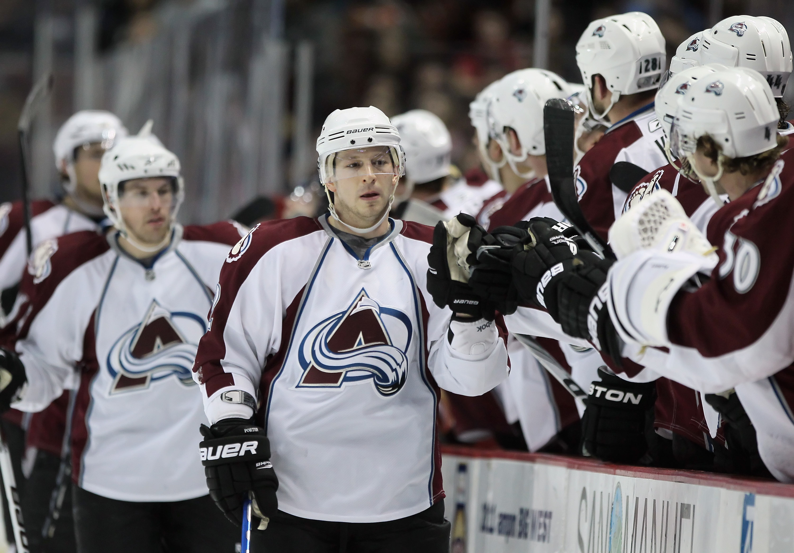 ANAHEIM, CA - FEBRUARY 27:  Kevin Porter #12 of the Colorado Avalanche celebrates a goal in the first period against the Anaheim Ducks at Honda Center on February 27, 2011 in Anaheim, California.  (Photo by Jeff Gross/Getty Images)