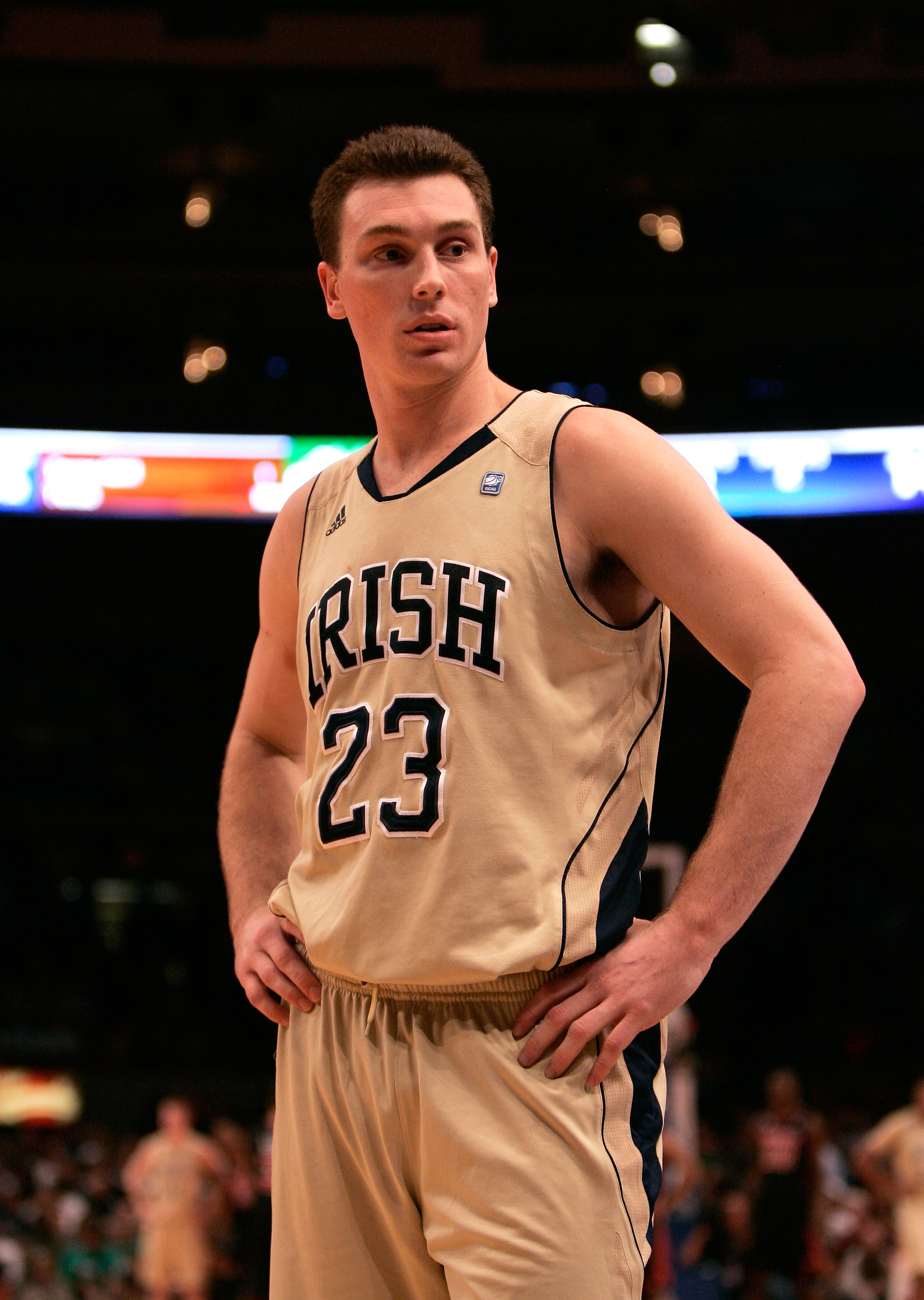 NEW YORK, NY - MARCH 11: Ben Hansbrough #23 of the Notre Dame Fighting Irish looks on during a timeout against the Louisville Cardinals during the semifinals of the 2011 Big East Men's Basketball Tournament presented by American Eagle Outfitters at Madiso