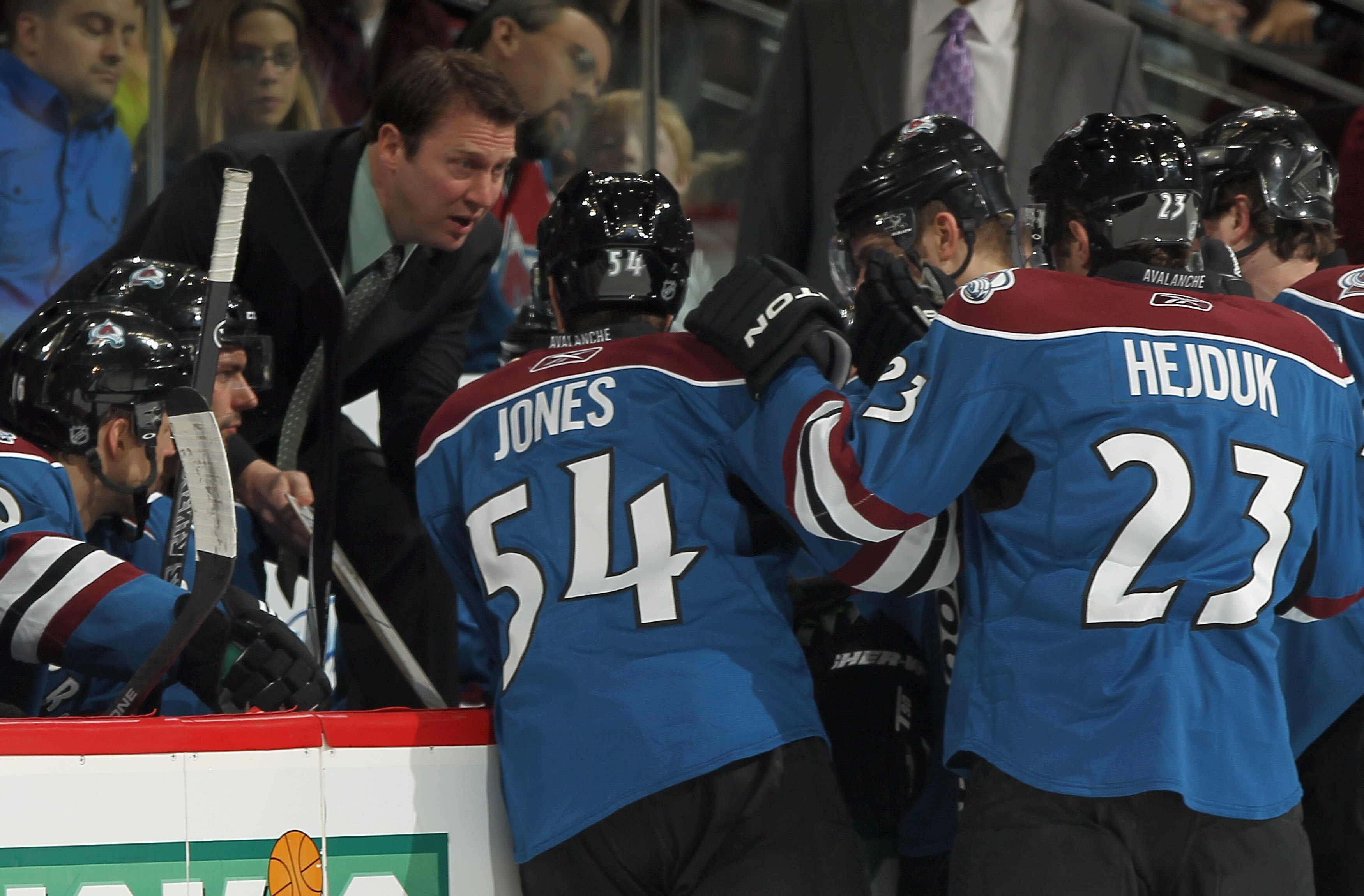 DENVER, CO - MARCH 11:  Head coach Joe Sacco of the Colorado Avalanche directs his team during a time out against the Anaheim Ducks during NHL action at the Pepsi Center on March 11, 2011 in Denver, Colorado.  (Photo by Doug Pensinger/Getty Images)