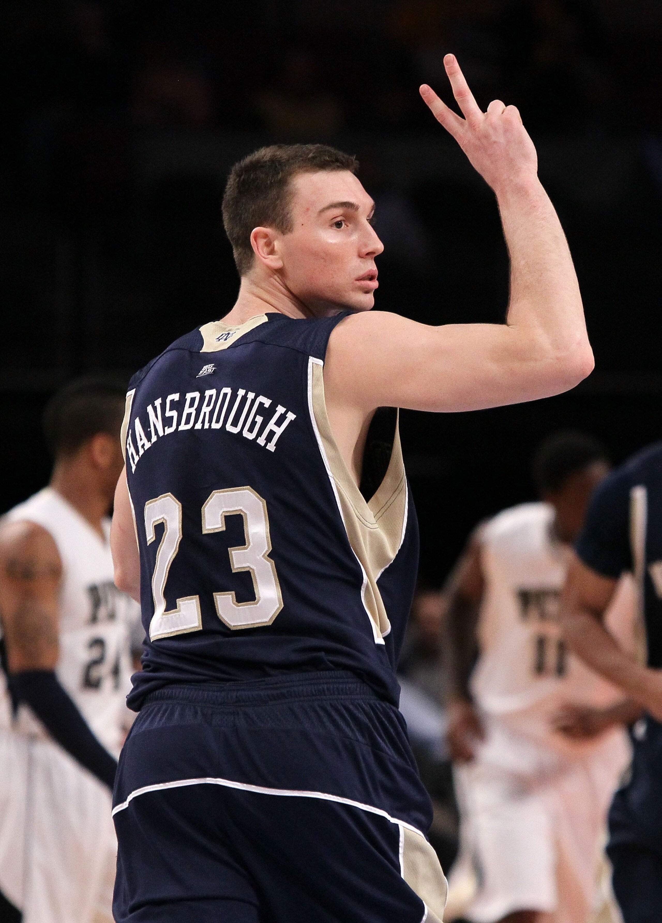 NEW YORK - MARCH 11: Ben Hansbrough #23 of the Notre Dame Fighting Irish gestures after a play against the Pittsburgh Panthers during the quarterfinal of the 2010 NCAA Big East Tournament at Madison Square Garden on March 11, 2010 in New York City.  (Phot