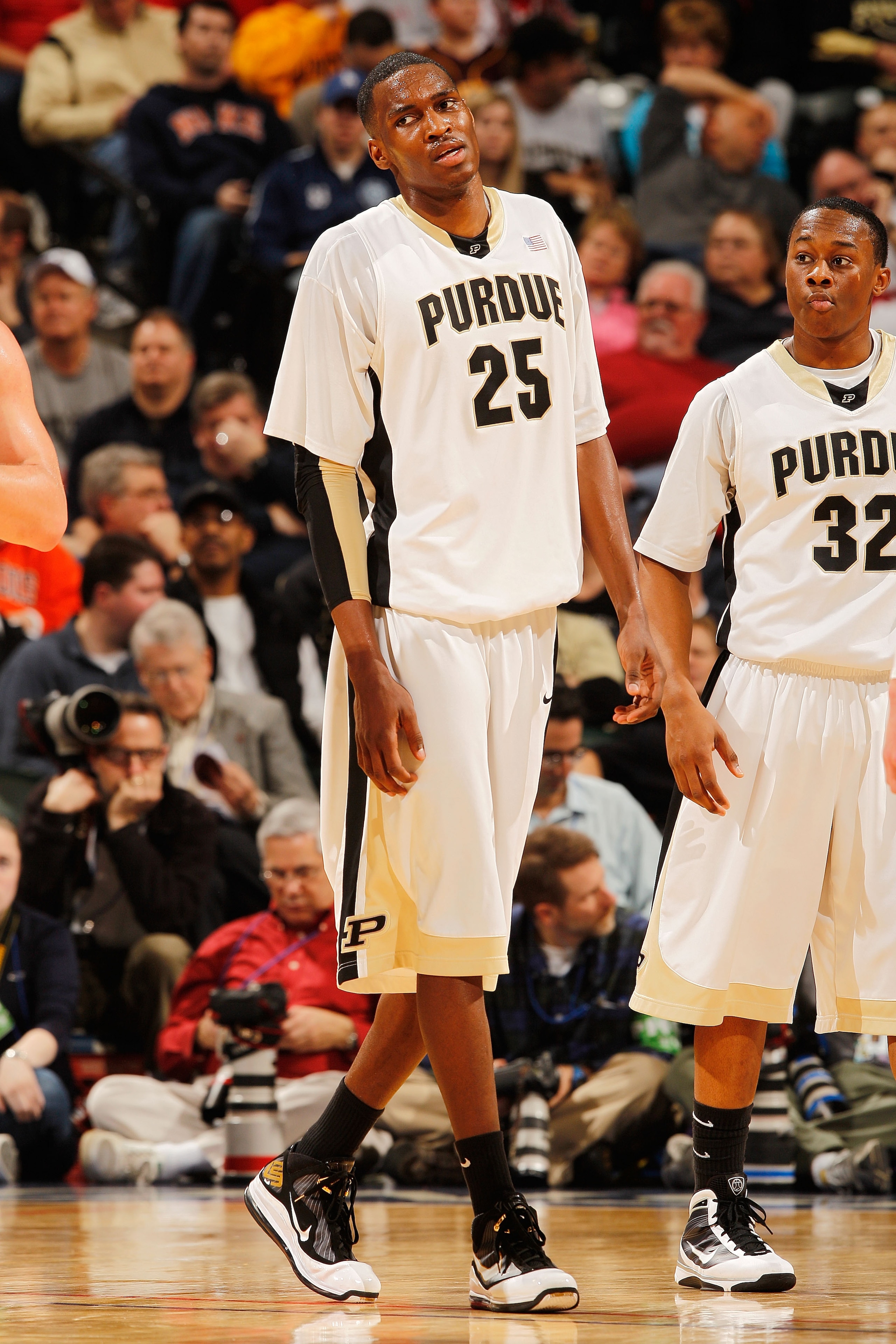 INDIANAPOLIS - MARCH 13:  Center JuJuan Johnson #25 of the Purdue Boilermakers reacts after a play against the Minnesota Golden Gophers in the semifinals of the Big Ten Men's Basketball Tournament at Conseco Fieldhouse on March 13, 2010 in Indianapolis, I