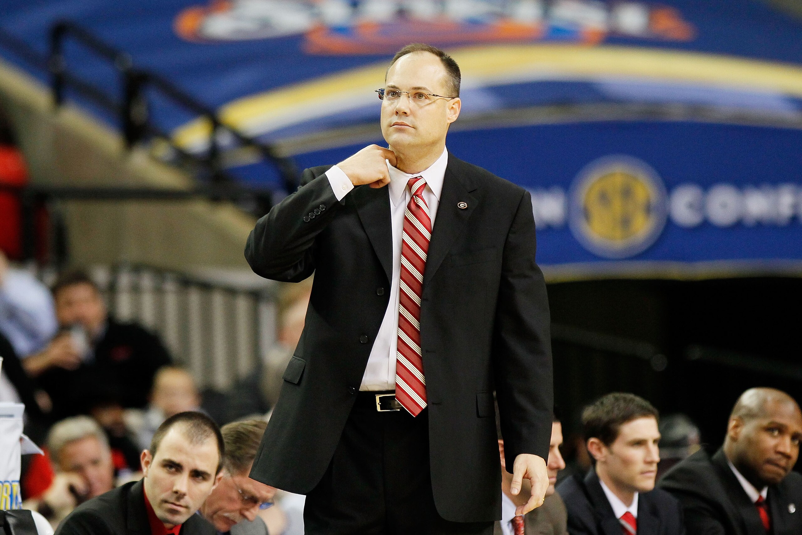 ATLANTA, GA - MARCH 10:  head coach Mark Fox of the Georgia Bulldogs reacts against the Auburn Tigers during the first round of the SEC Men's Basketball Tournament at the Georgia Dome on March 10, 2011 in Atlanta, Georgia. The Bulldogs defeated the Tigers